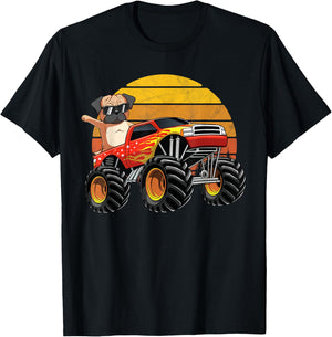 Vintage Monster Truck Pug Dog Retro Sunset Boys T-Shirt - T-Shirt | Black