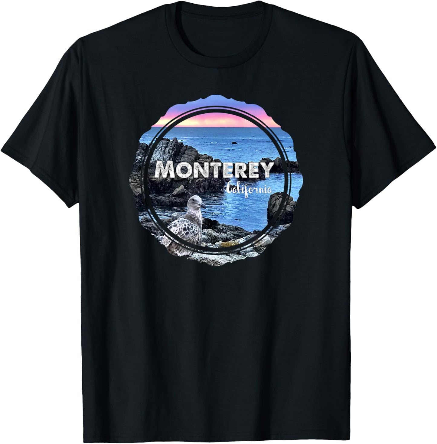 Monterey California Ocean Sunset Seagull Coastal Souvenir T-Shirt - T-Shirt | Black