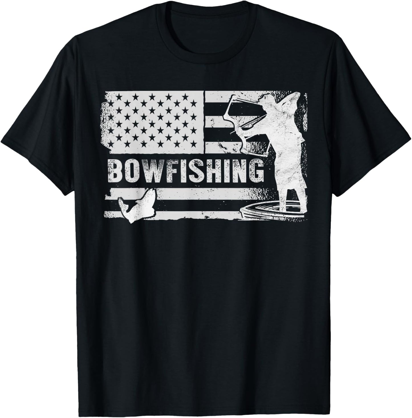 Bowfishing Vintage Look American Flag, Bow Hunting For Fish T-Shirt - T-Shirt | Black