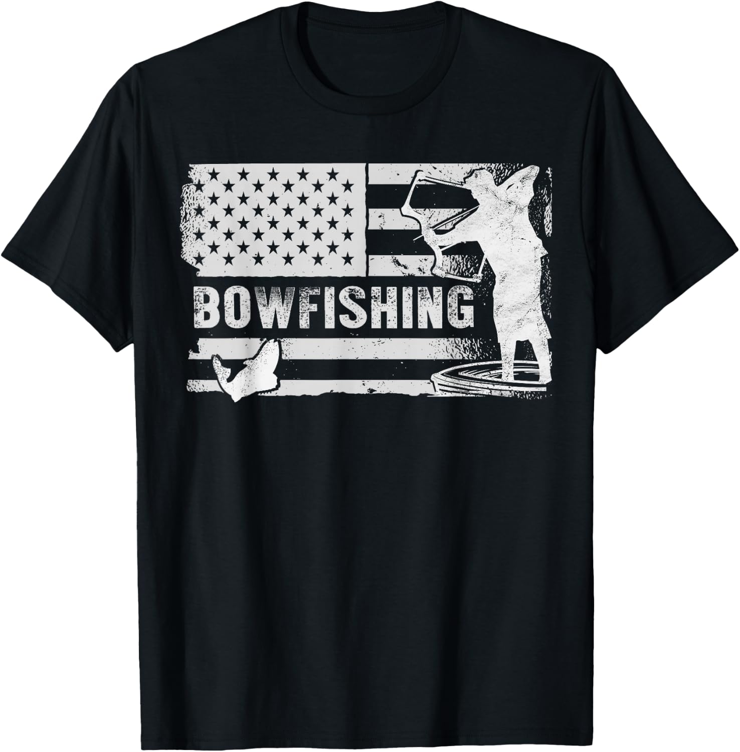 Bowfishing Vintage Look American Flag, Bow Hunting For Fish T-Shirt - T-Shirt | Black