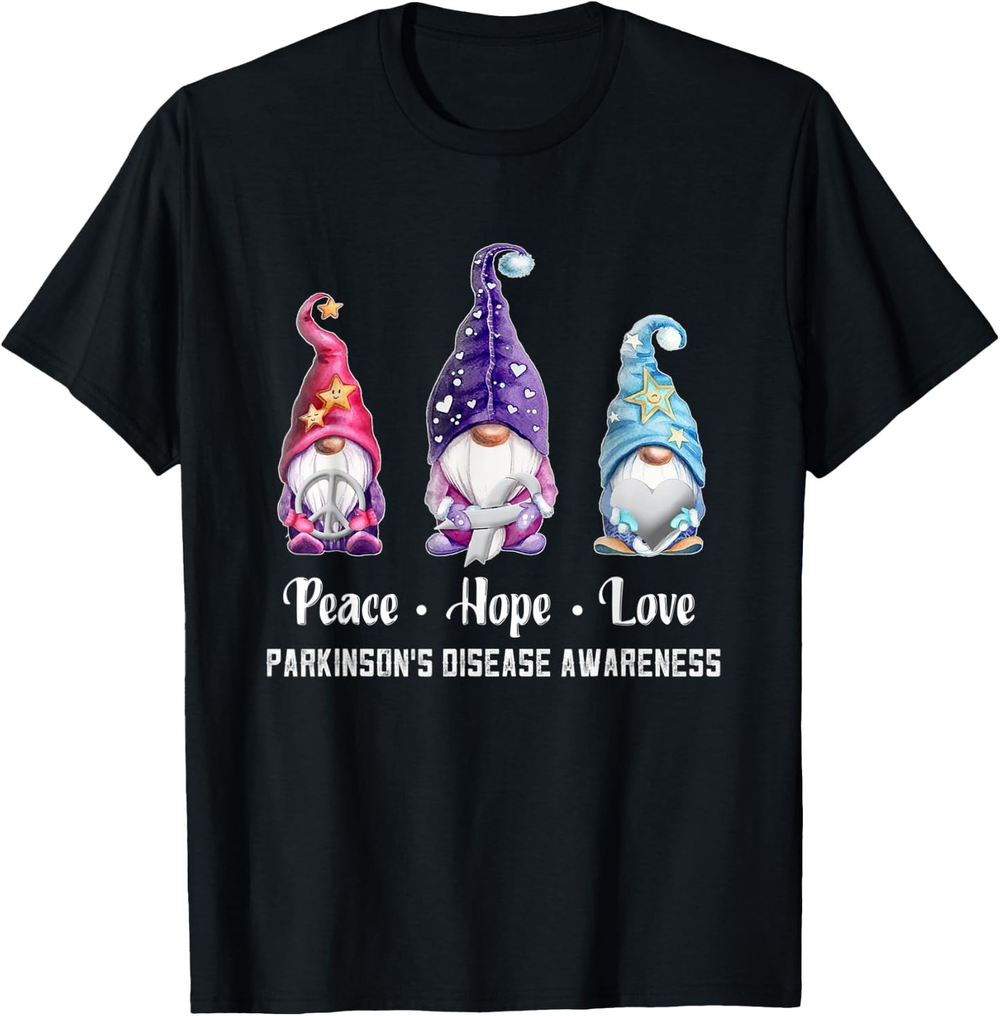 Peace Hope Love Gnomes Parkinson's Disease Awareness T-Shirt - T-Shirt | Black