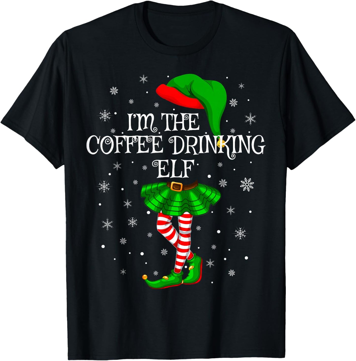 Coffee Drinking Elf Christmas Matching Family Women Girl Elf T-Shirt - T-Shirt | Black