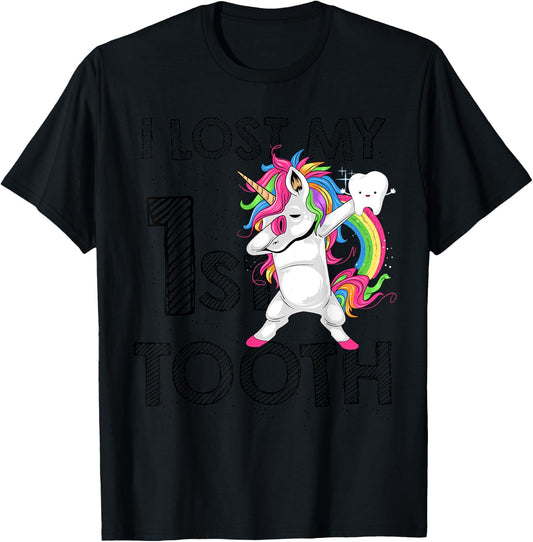 I Lost My First Tooth Baby Teeth Out Fairy Unicorn Dabbing T-Shirt - T-Shirt | Black