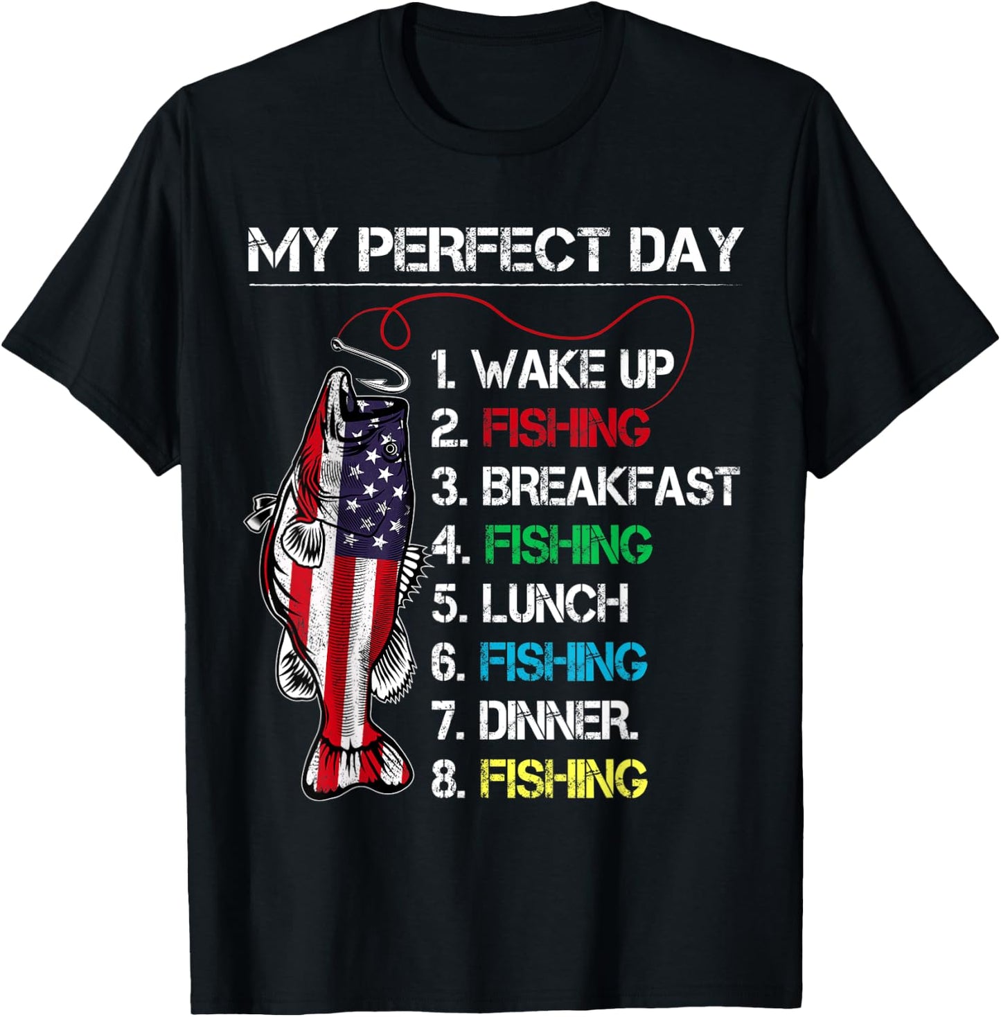 My Perfect Day Fishing Gift Fishermen American Flag Vintage T-Shirt - T-Shirt | Black