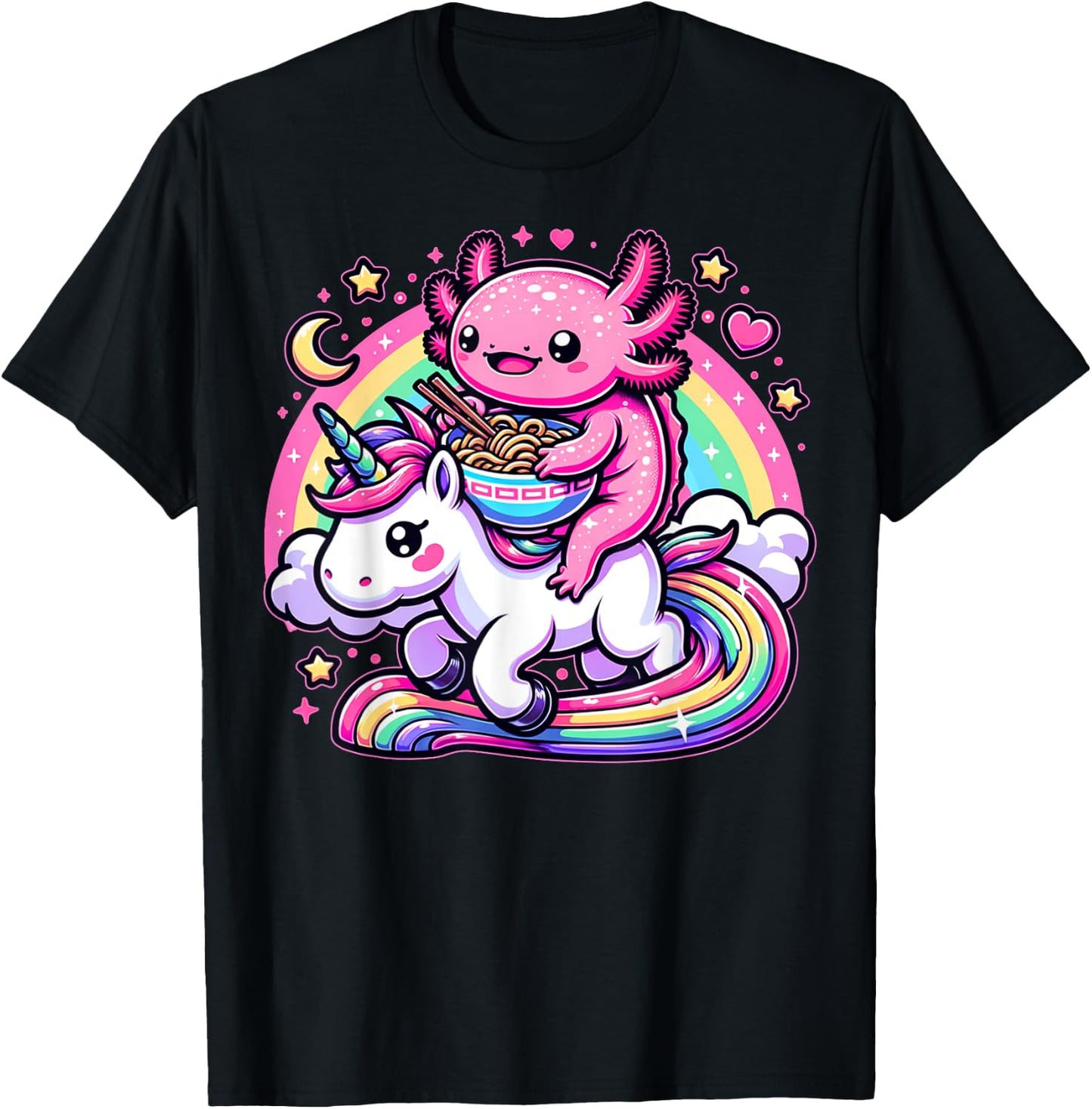 Anime Kawaii Axolotl Eating Ramen Noodles Kids Teen Girl Boy T-Shirt - T-Shirt | Black