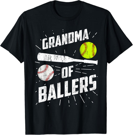 Grandma Of Ballers Funny Baseball Softball Mothers Day Gift T-Shirt - T-Shirt | Black