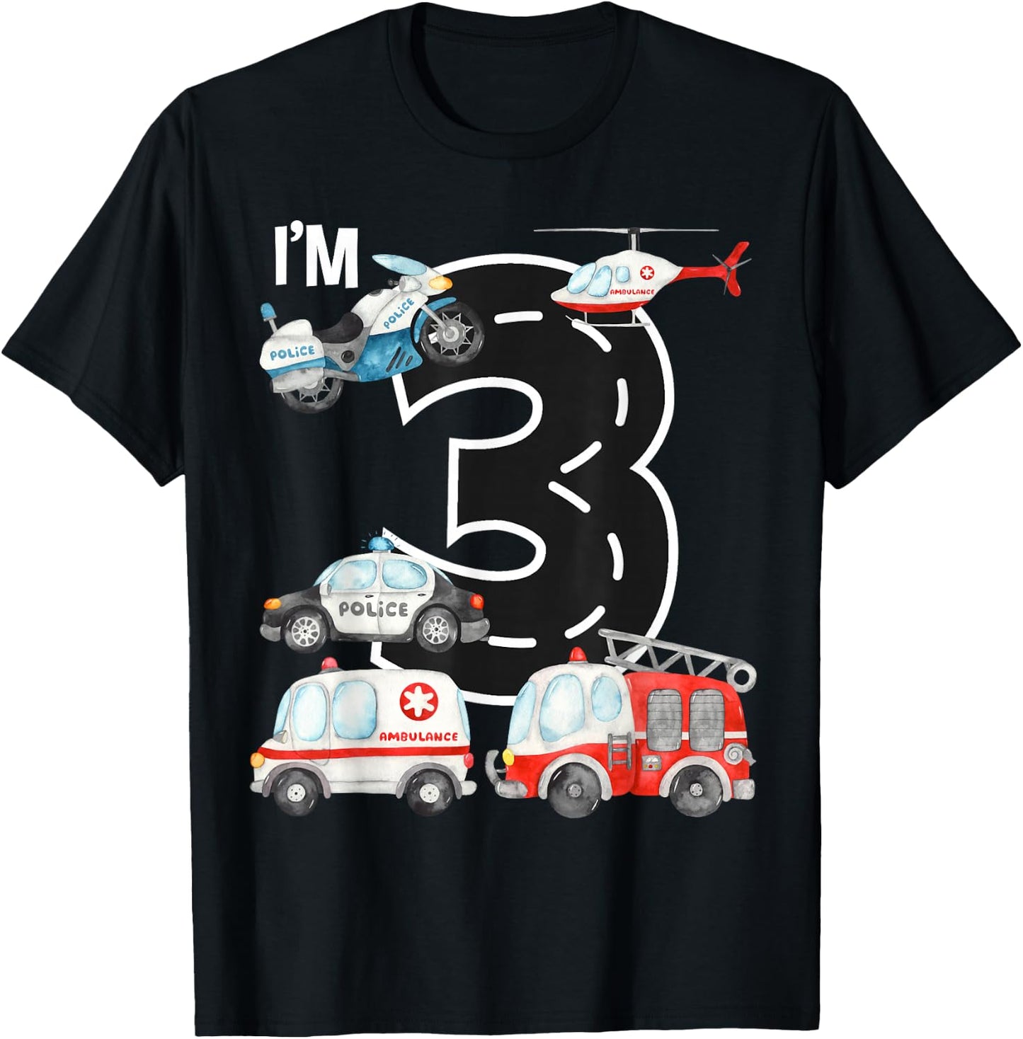 Emergency Vehicles 3rd Birthday Fire Truck Police Car Boys T-Shirt - T-Shirt | Black