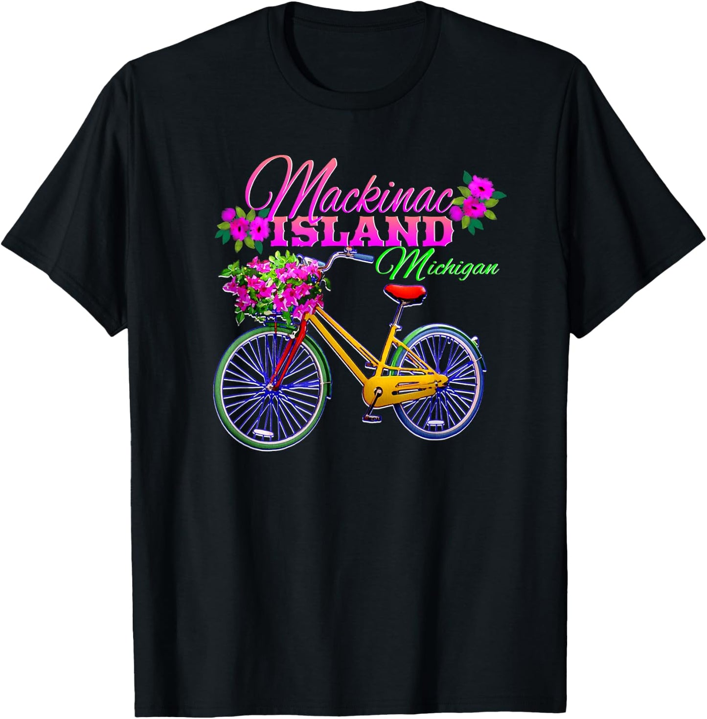 Mackinac Island Michigan Gift Vintage Bike Flowers T-Shirt - T-Shirt | Black