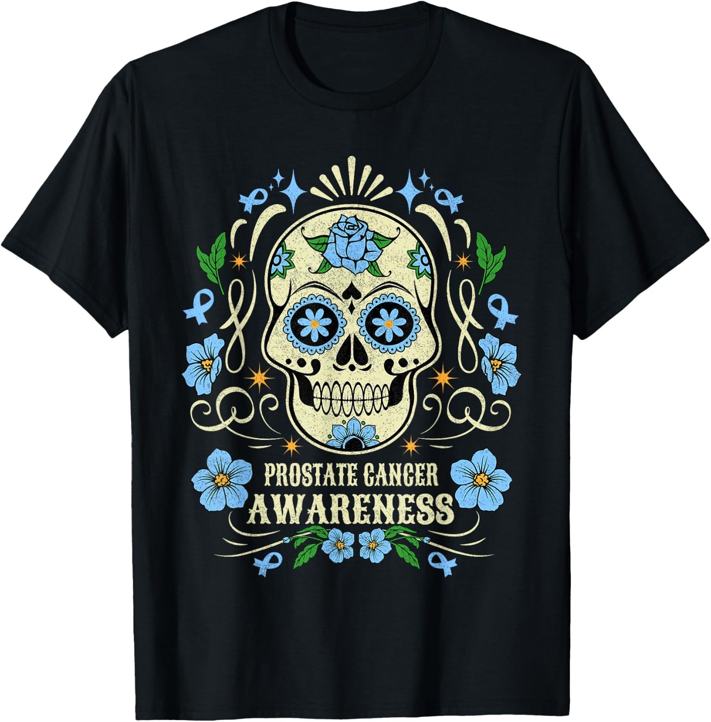 Skull Flower Prostate Cancer Awareness Retro Blue Ribbon T-Shirt - T-Shirt | Black