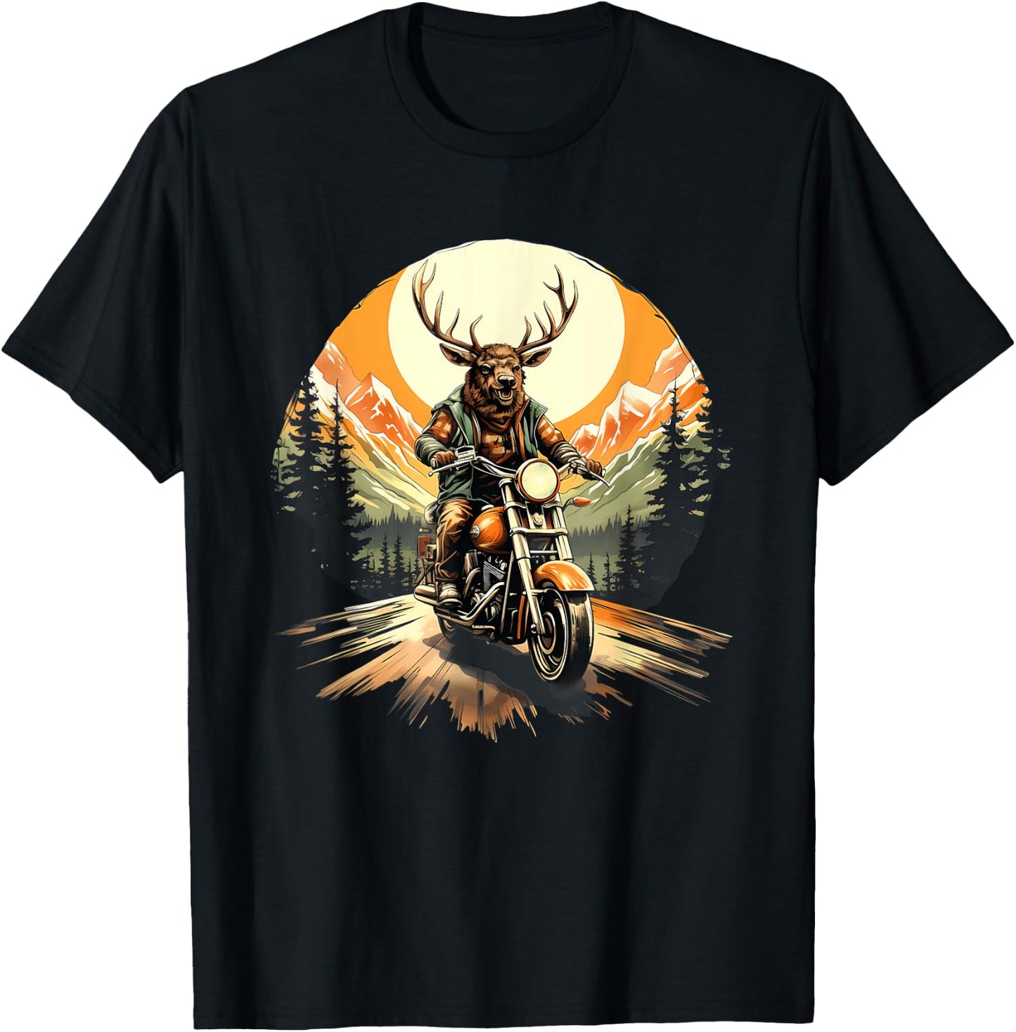 Biker Elk Riding Motorbike T-Shirt - T-Shirt | Black
