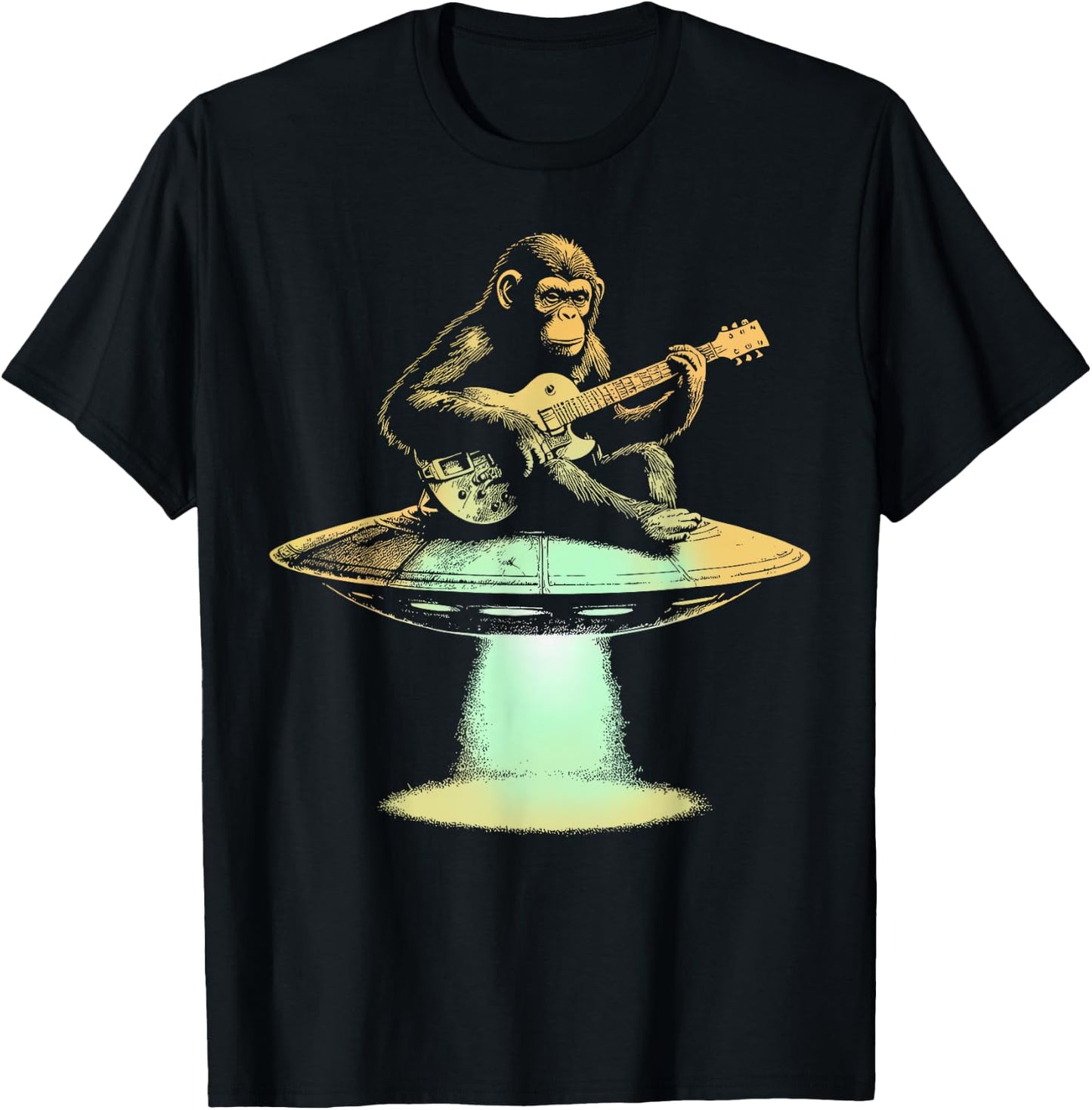 Monkey Playing Guitar On UFO Funny Guitarist Musician T-Shirt - T-Shirt | Black
