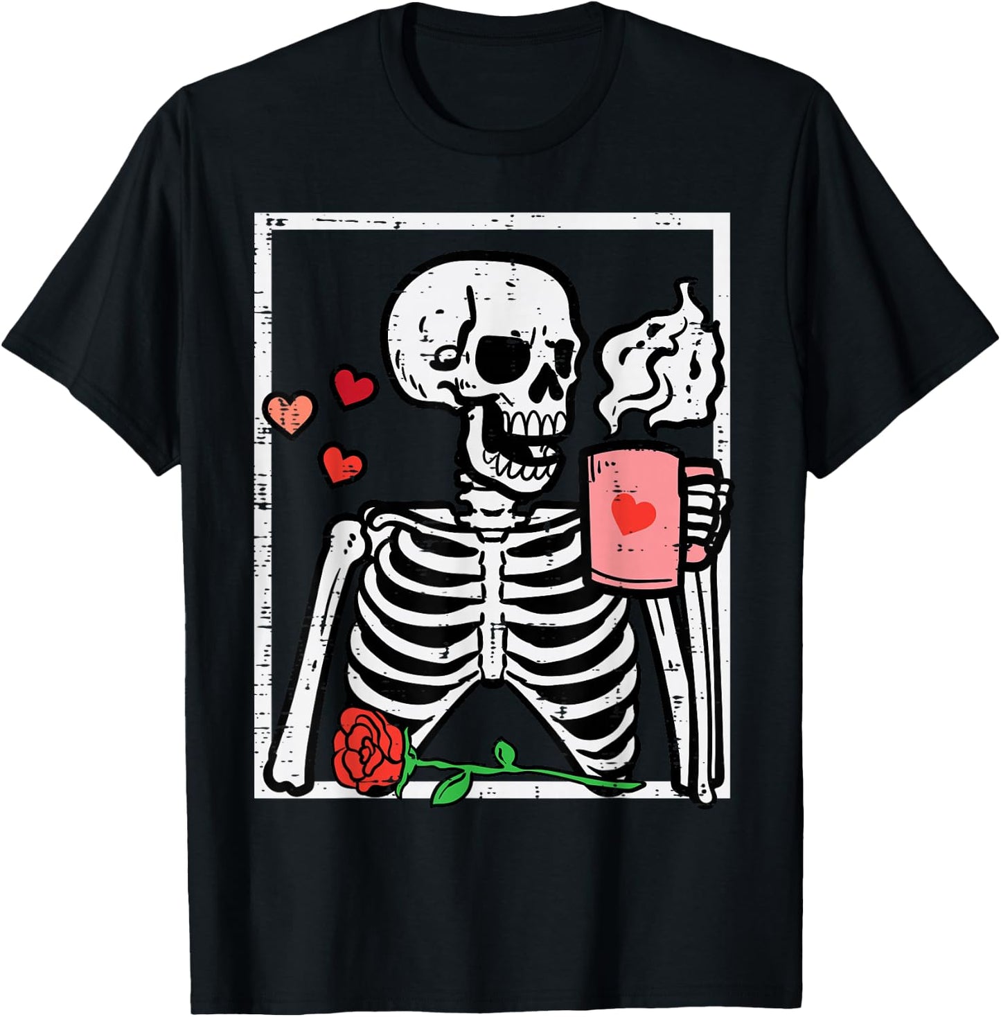 Anti Valentines Day Skeleton Coffee Funny Men Women Kids T-Shirt - T-Shirt | Black