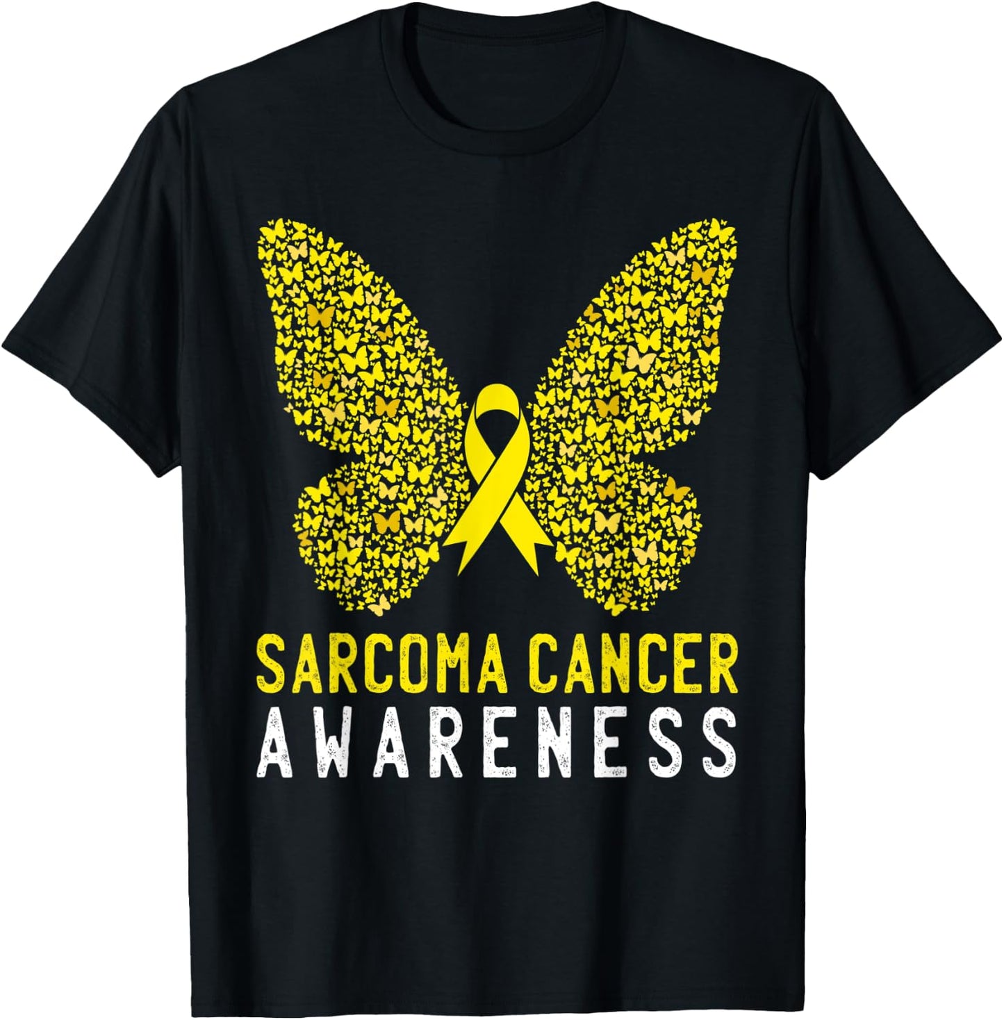 Butterfly Sarcoma Cancer Awareness Yellow Ribbon Support T-Shirt - T-Shirt | Black