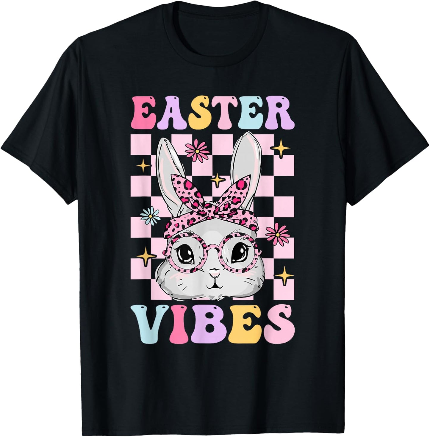 Retro Groovy Easter Vibes Bunny Checkered For Girls T-Shirt - T-Shirt | Black