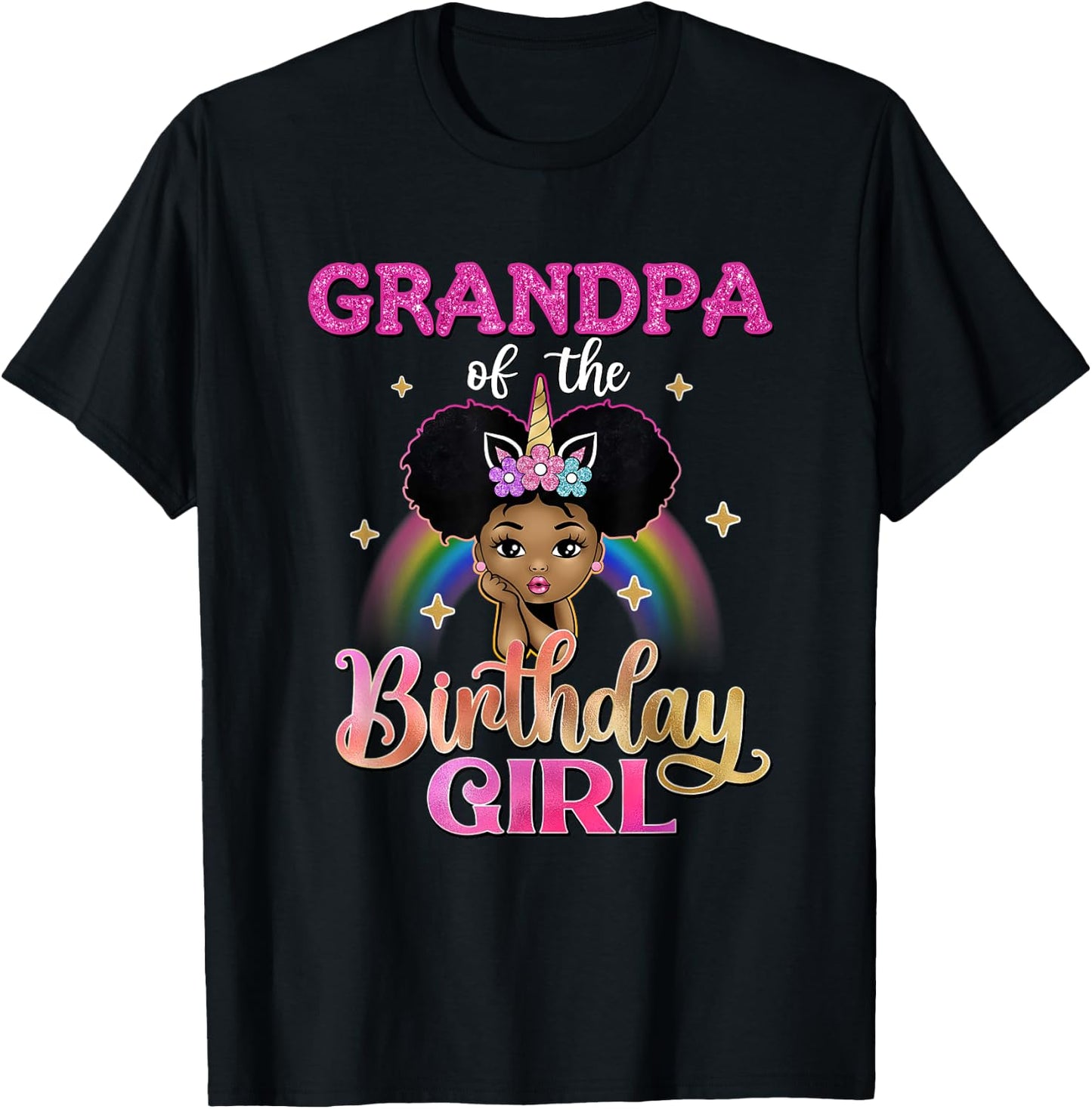 Grandpa of The Birthday Girl Princess Afro Melanin Unicorn T-Shirt - T-Shirt | Black