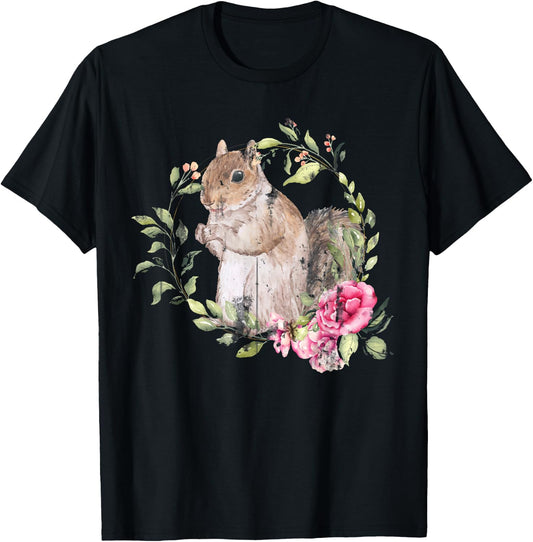Flowers Squirrel T-Shirt - T-Shirt | Black