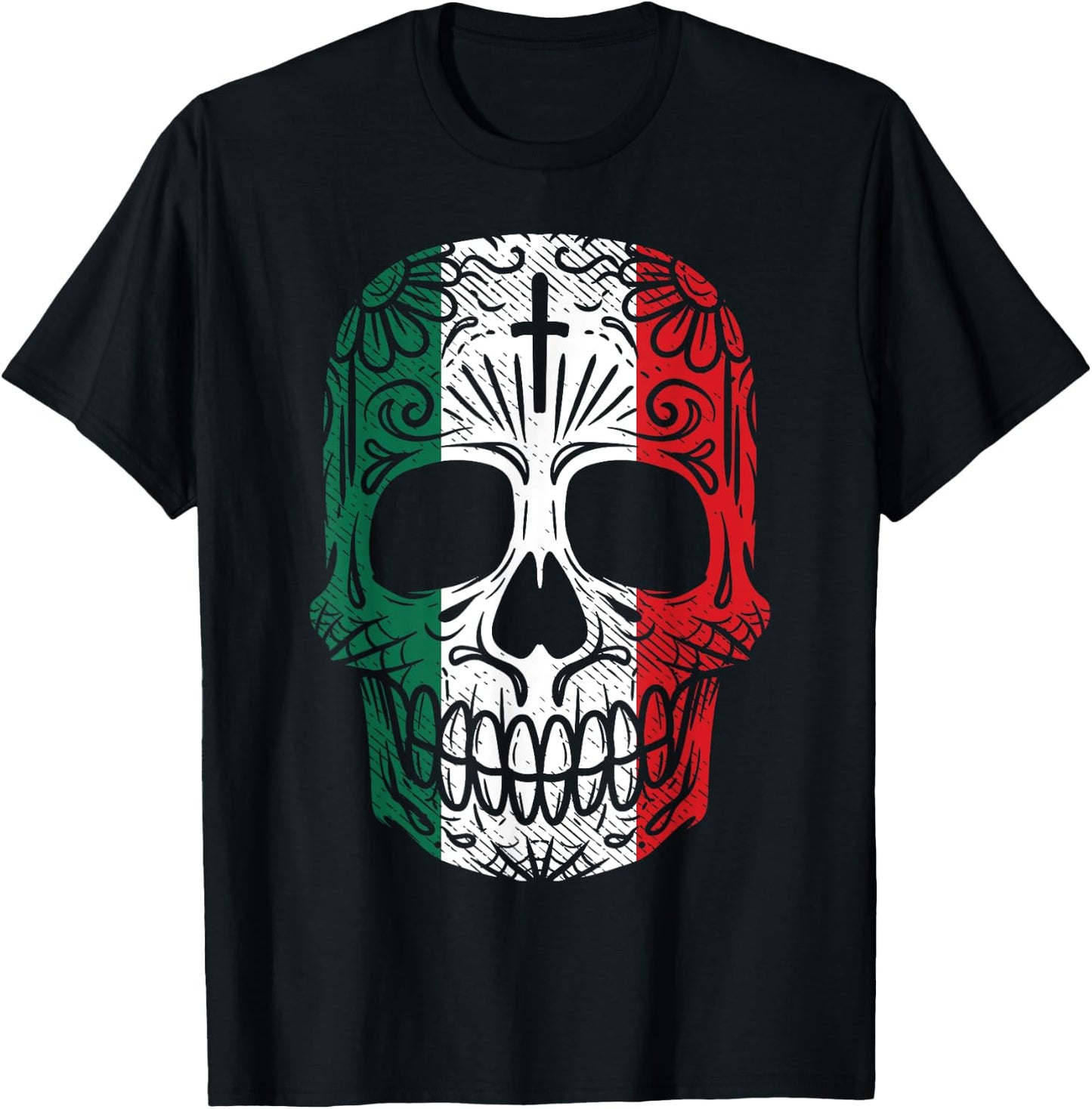 Sugar Skull Mexican Flag Cinco De Mayo Dia De Los Muertos T-Shirt - T-Shirt | Black