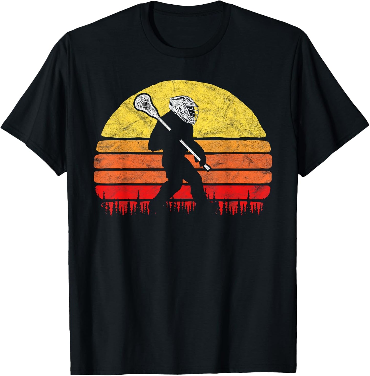 Funny Sasquatch Lax Bigfoot Lacrosse Vintage 80s Sunset T-Shirt - T-Shirt | Black