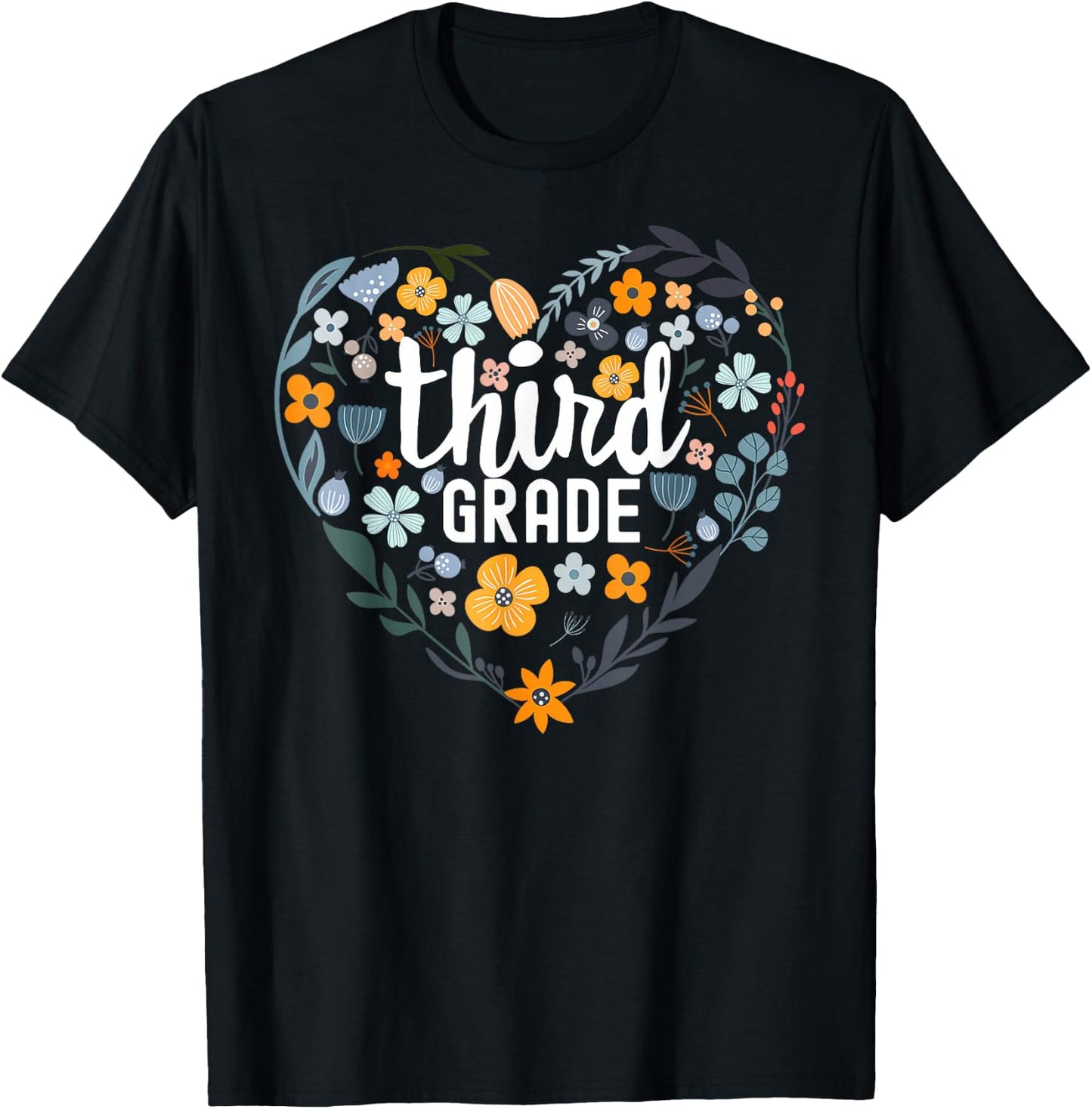 Third 3rd Grade Floral Heart Back To School Wildflower Women T-Shirt - T-Shirt | Black