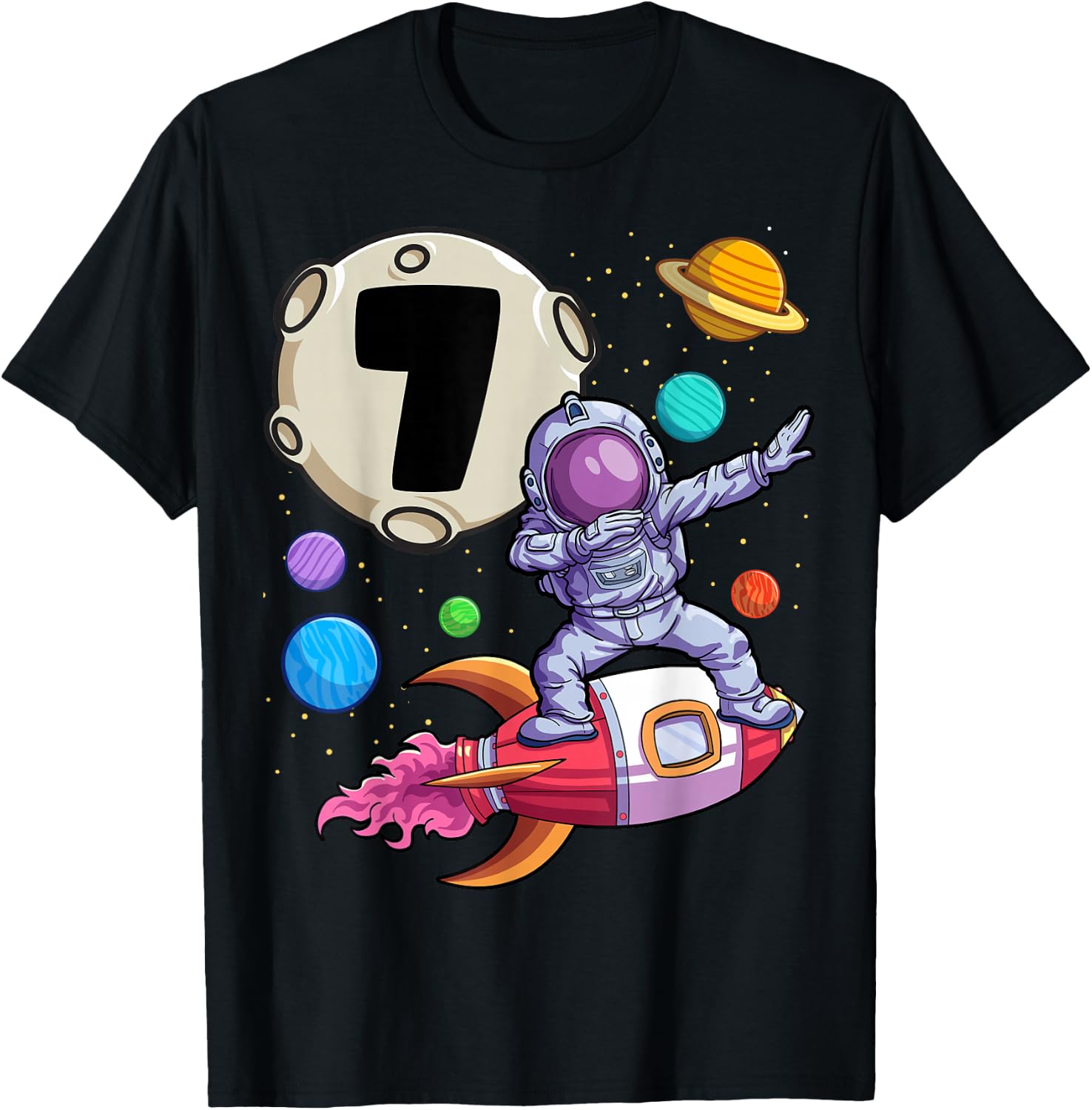 Dabbing Astronaut 7 Yrs Old Birthday Boy Space 7th Birthday T-Shirt - T-Shirt | Black