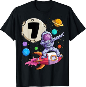 Dabbing Astronaut 7 Yrs Old Birthday Boy Space 7th Birthday T-Shirt - T-Shirt | Black