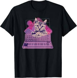 Retro Synthesizer Cat Vaporwave Aesthetic Analog T-Shirt - T-Shirt | Black