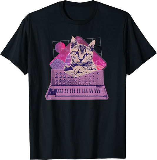 Retro Synthesizer Cat Vaporwave Aesthetic Analog T-Shirt - T-Shirt | Black