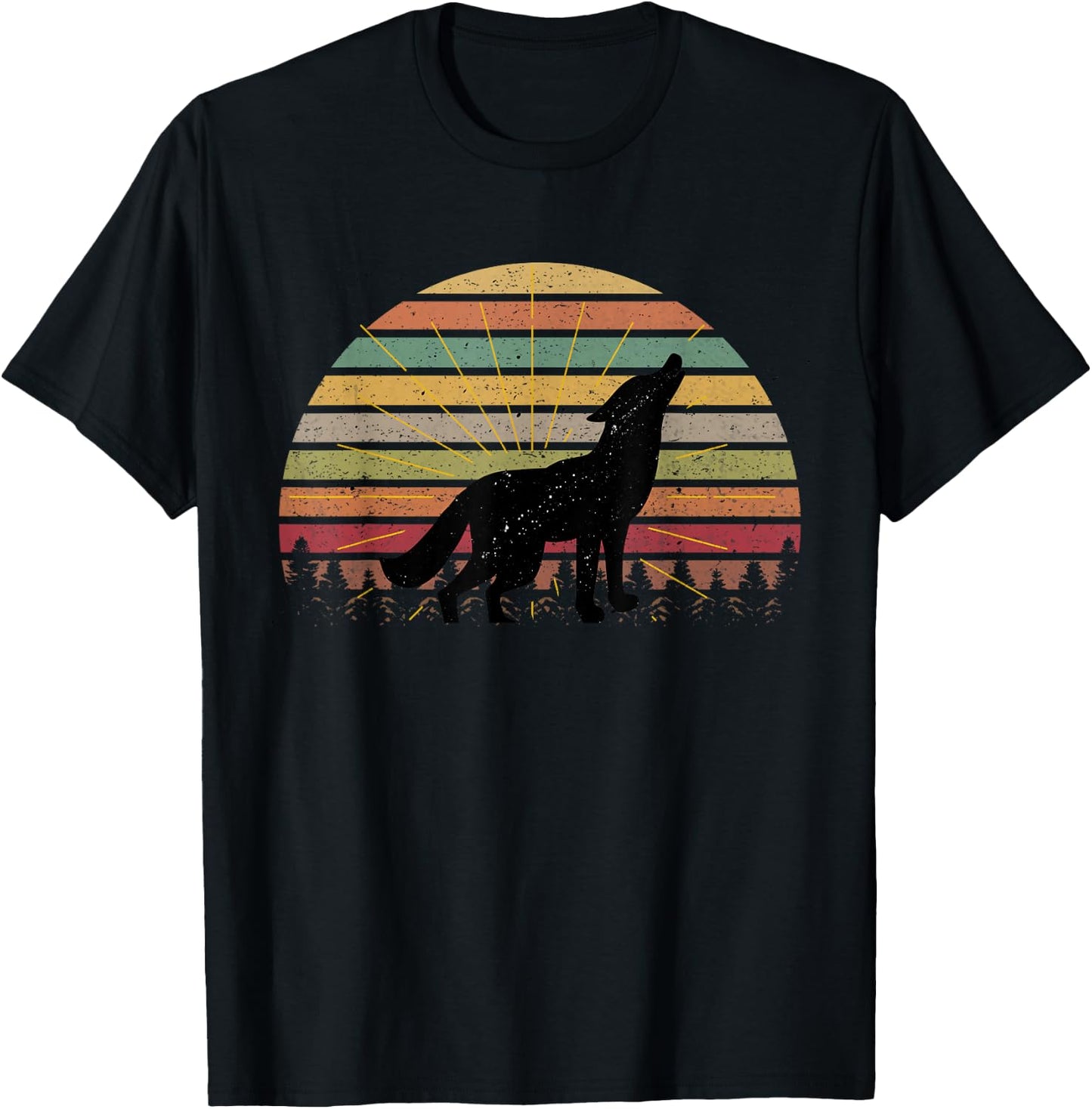 Vintage Retro Silhouette Wolves Wolf Howling At Moon T-Shirt - T-Shirt | Black