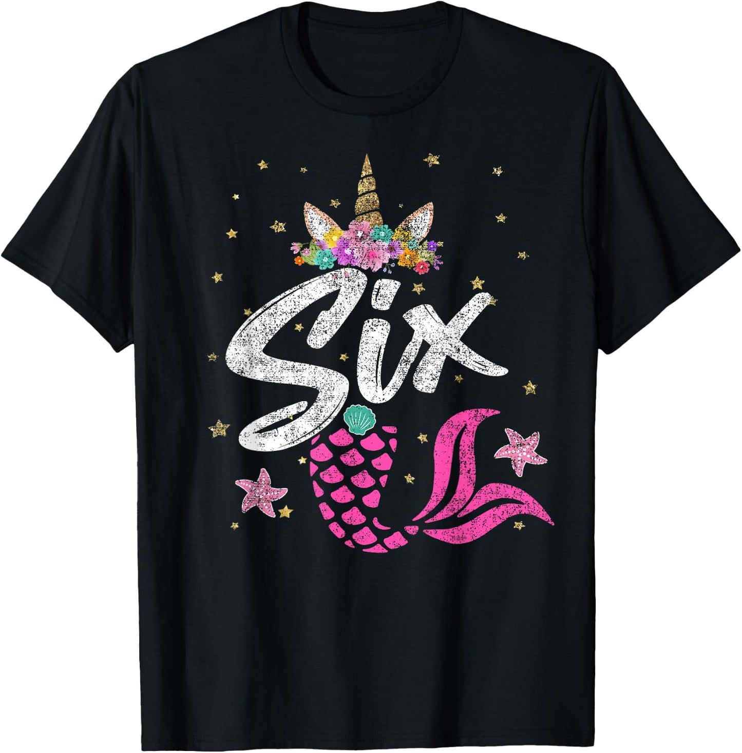 6th Birthday Girl Unicorn Shirt Mermaid Tail 6 Years Old T-Shirt - T-Shirt | Black