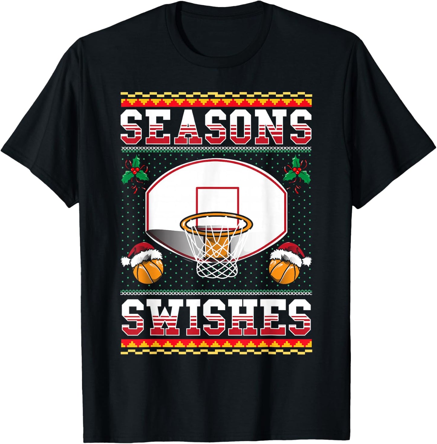 Basketball Seasons Swishes Ugly Christmas Pattern Sports T-Shirt - T-Shirt | Black