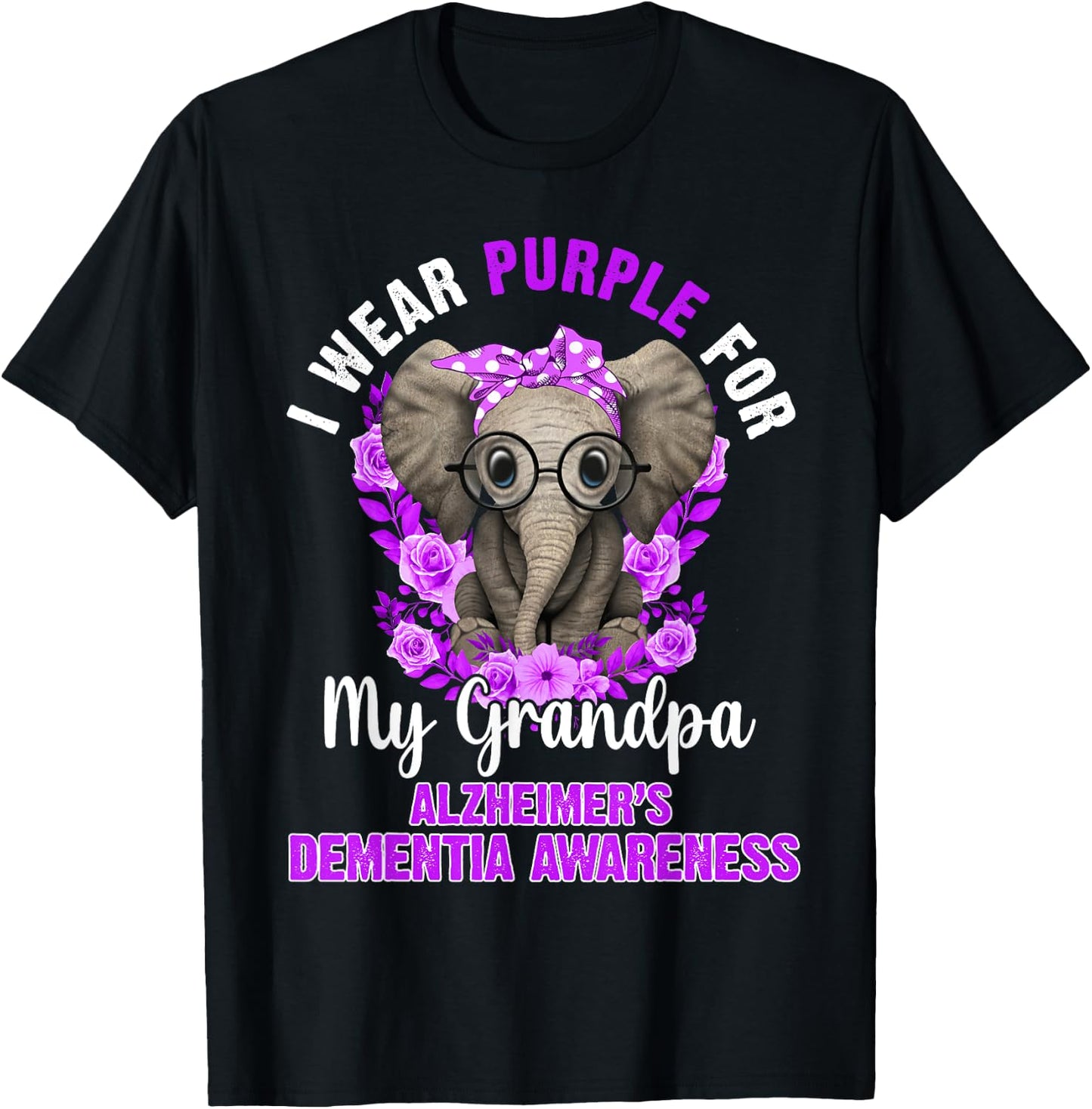 I Wear Purple For Grandpa Dementia Awareness Elephant T-Shirt - T-Shirt | Black