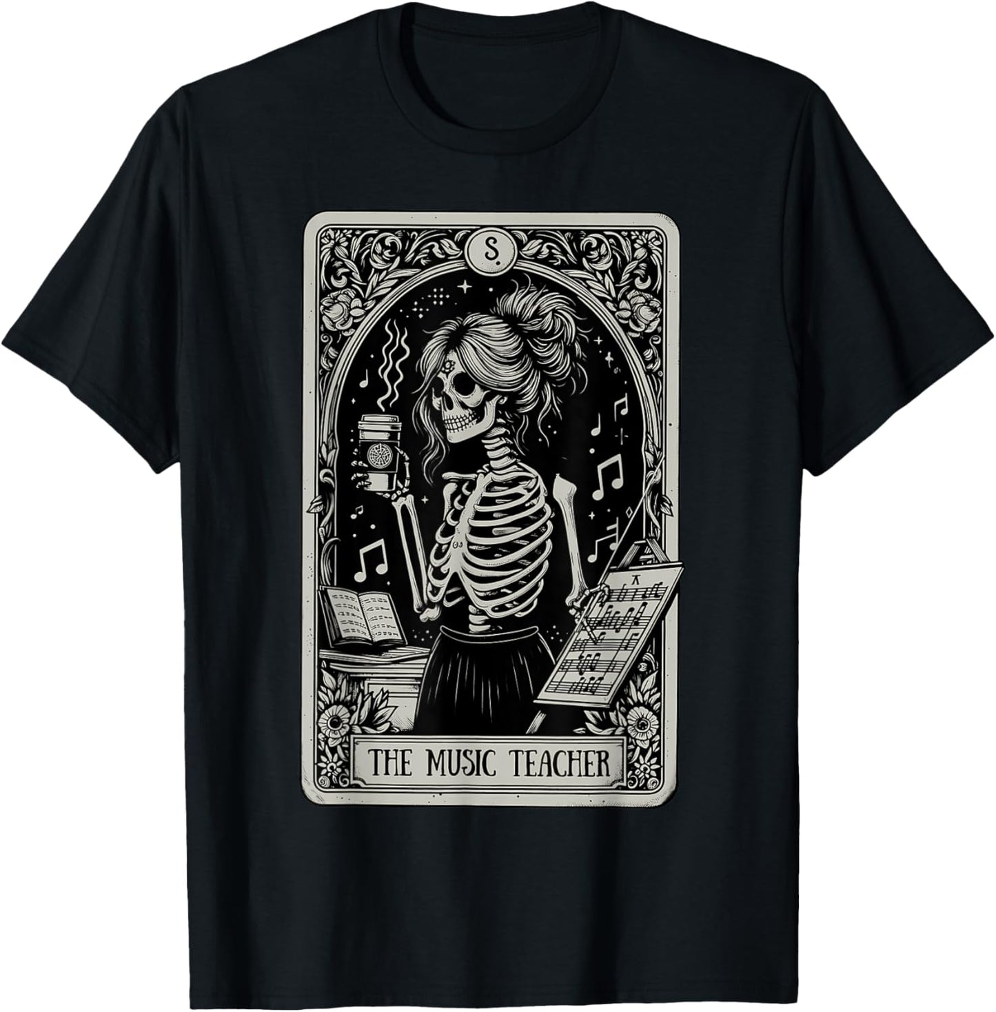 Funny Skeleton Music Teacher Tarot Card Halloween Musician T-Shirt - T-Shirt | Black