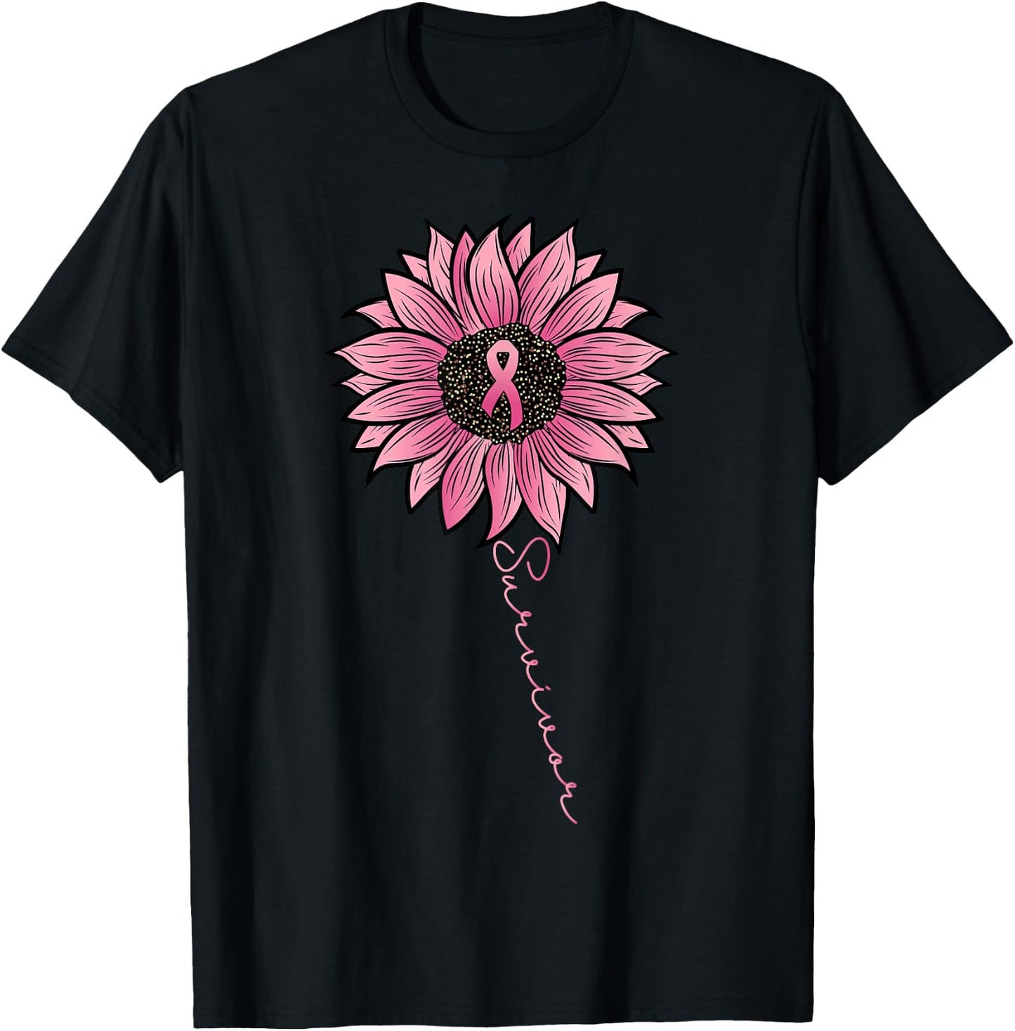 Sunflower Pink Ribbon Breast Cancer Survivor Awareness Women T-Shirt - T-Shirt | Black
