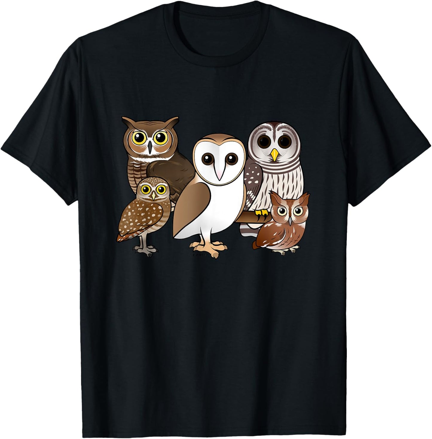 Five Different Birdorable Cartoon Owls | North America Owls T-Shirt - T-Shirt | Black