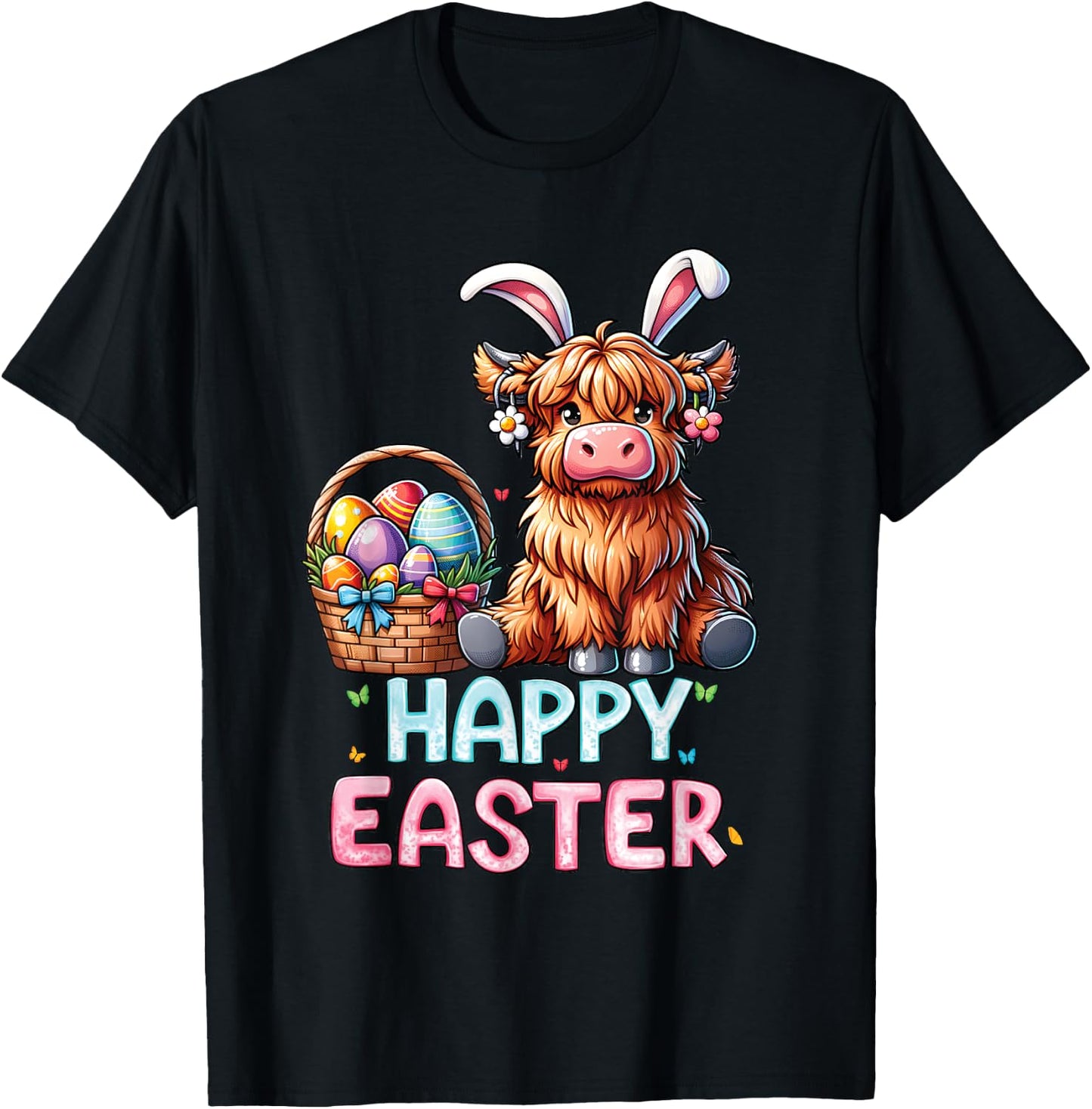 Happy Easter Day Highland Cow Cute Easter Bunny Women Kids T-Shirt - T-Shirt | Black