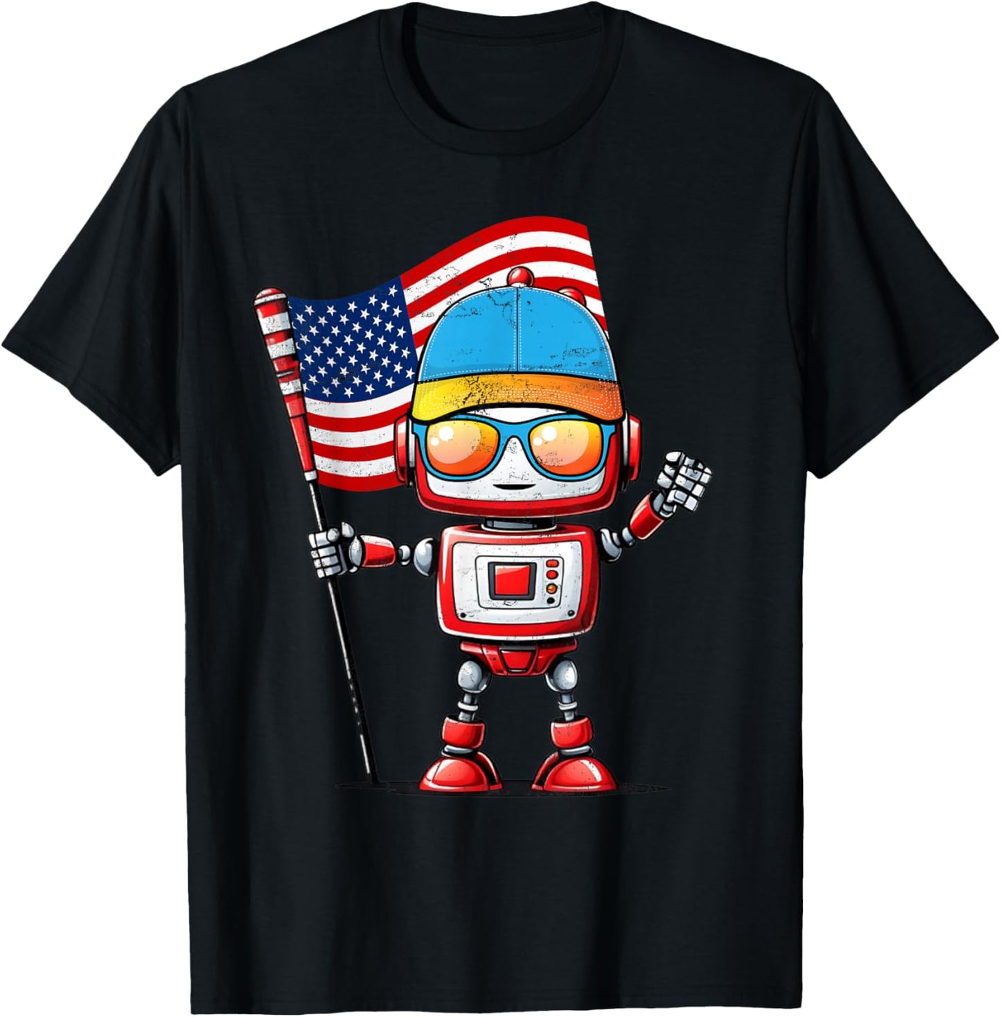 Funny Robot 4th Of July American USA Flag Robotics Kids Boys T-Shirt - T-Shirt | Black