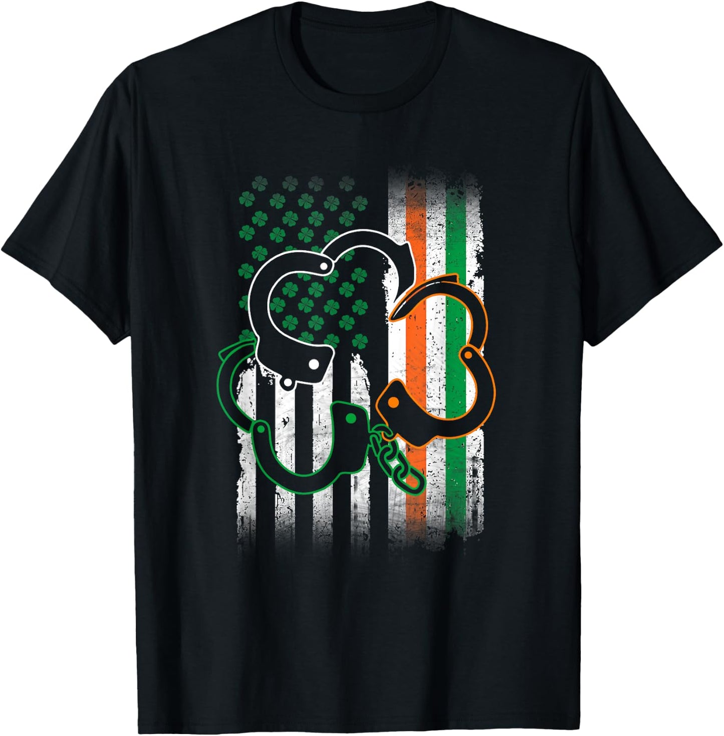Irish Handcuffs St Patrick's Day Police American Flag Gift T-Shirt - T-Shirt | Black