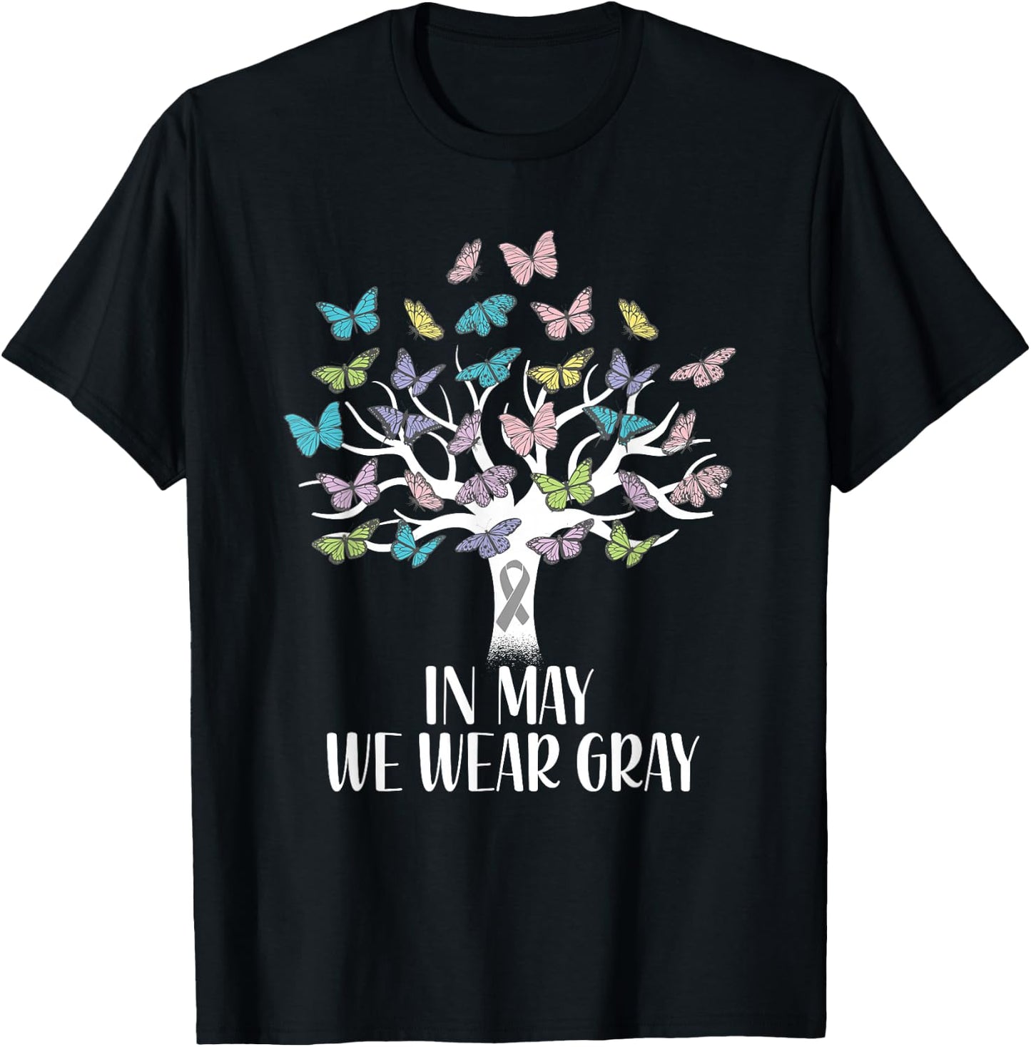 In May We Wear Gray Brain Cancer Awareness Butterfly Tree T-Shirt - T-Shirt | Black