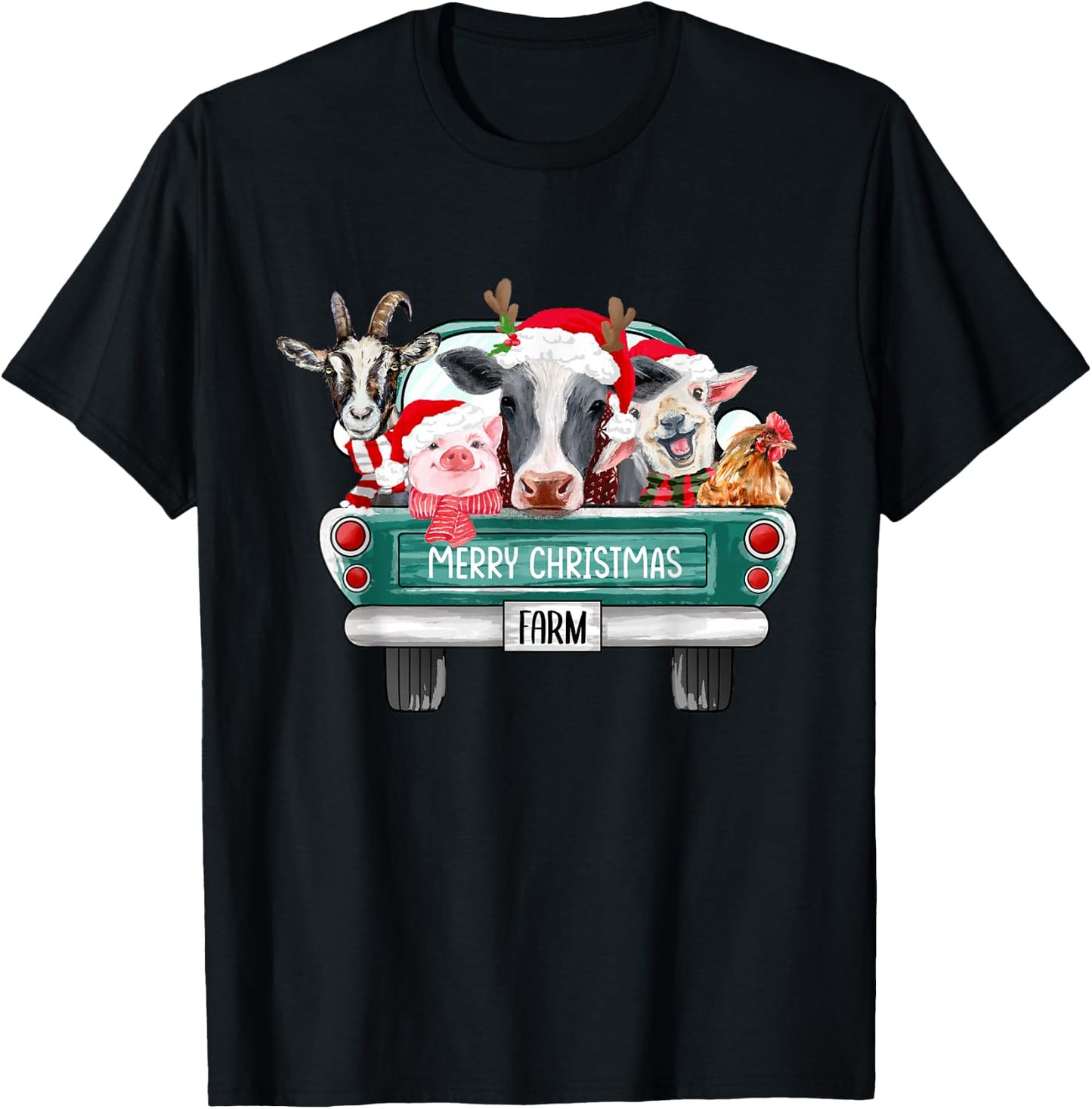 Christmas Farm Animals Truck Santa Hat Family Pajamas Xmas T-Shirt - T-Shirt | Black