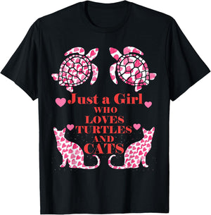 Just A Girl Who Loves Turtles And Cats Funny Gift T-Shirt - T-Shirt | Black