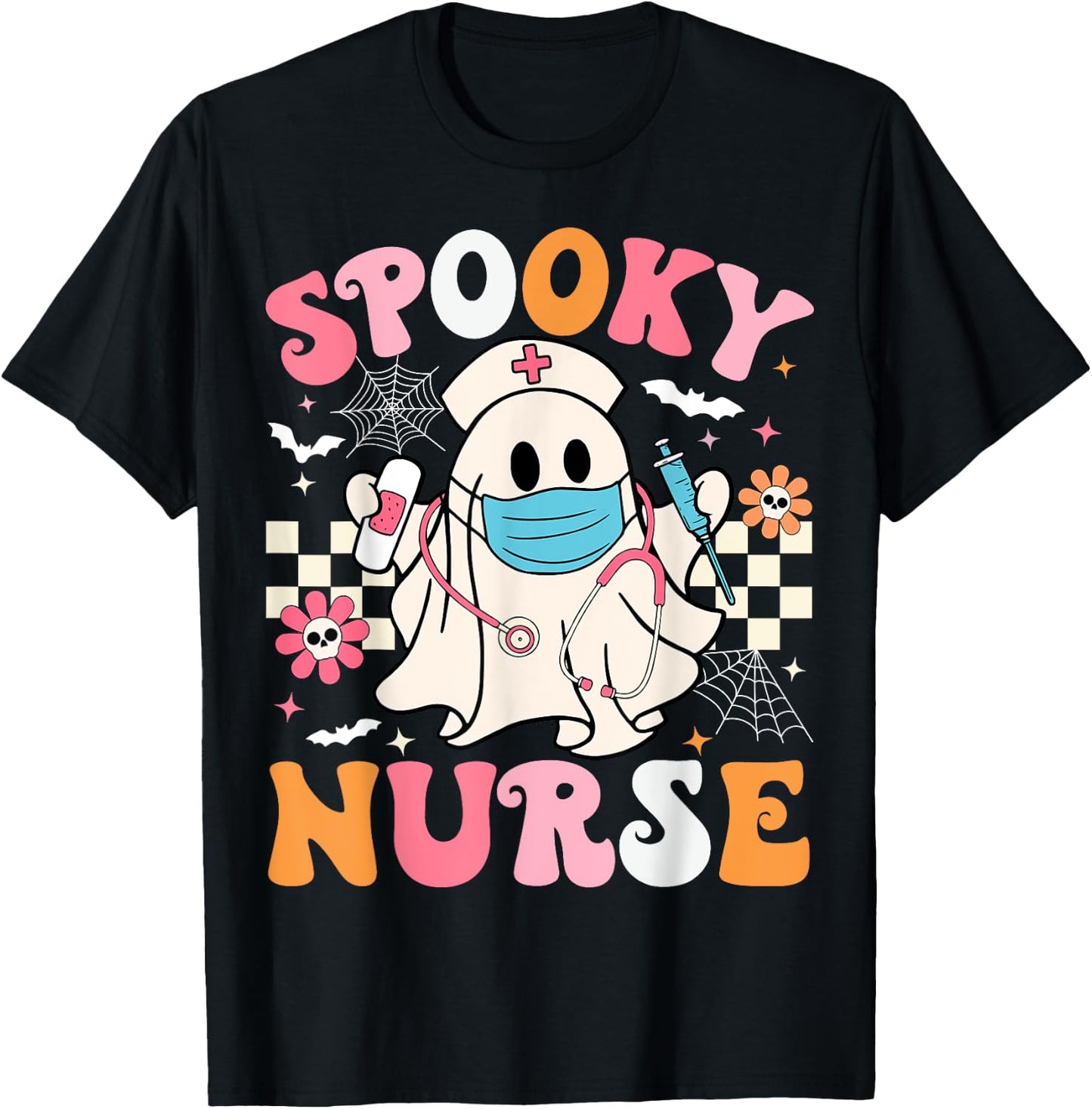 Spooky Nurse Ghost Halloween Cute Groovy Nursing Halloween T-Shirt - T-Shirt | Black