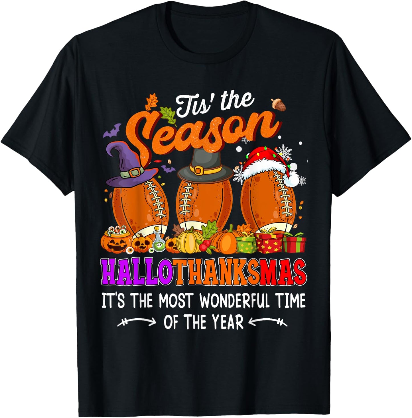 Happy HalloThanksMas Funny Halloween Thanksgiving Christmas T-Shirt - T-Shirt | Black