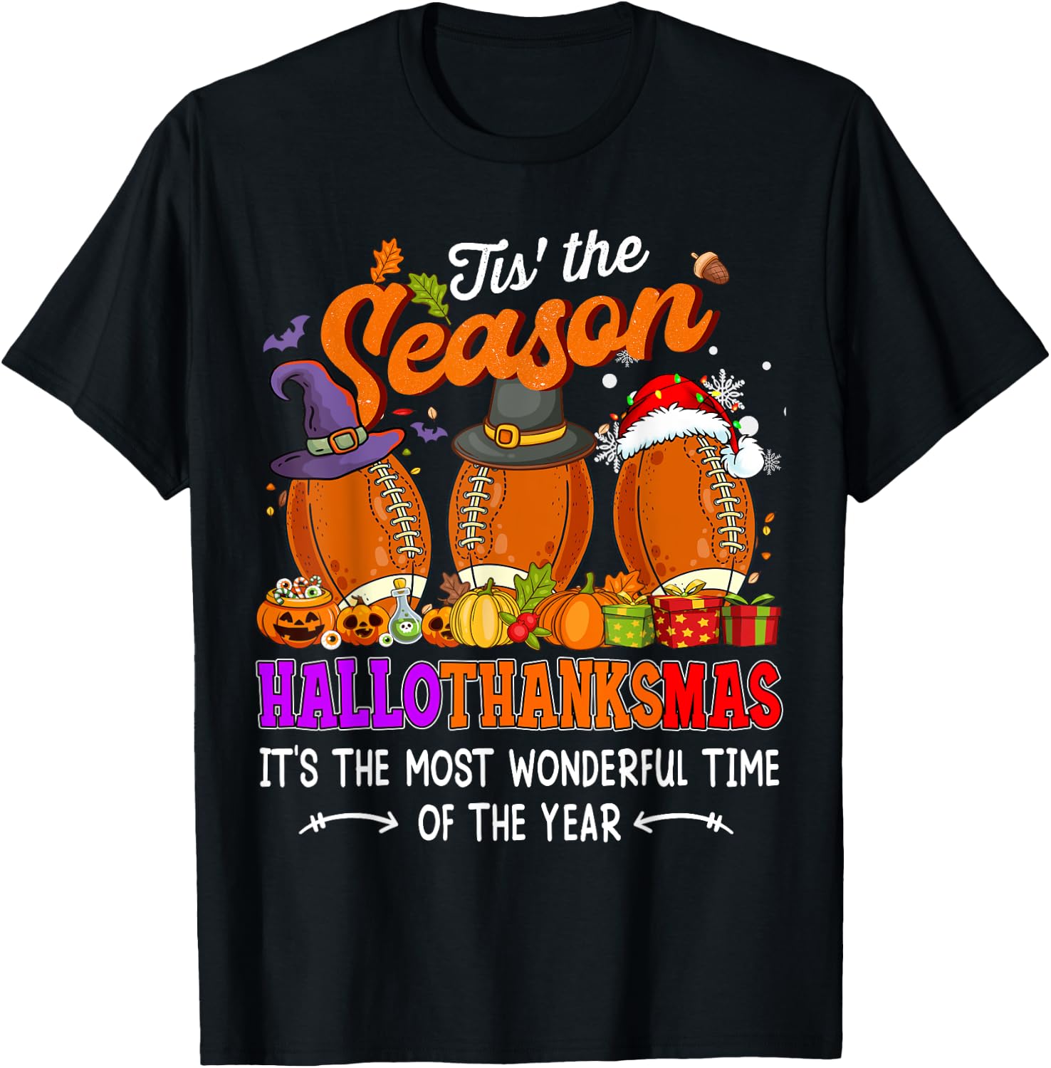 Happy HalloThanksMas Funny Halloween Thanksgiving Christmas T-Shirt - T-Shirt | Black