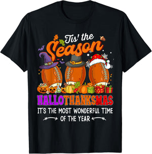 Happy HalloThanksMas Funny Halloween Thanksgiving Christmas T-Shirt - T-Shirt | Black