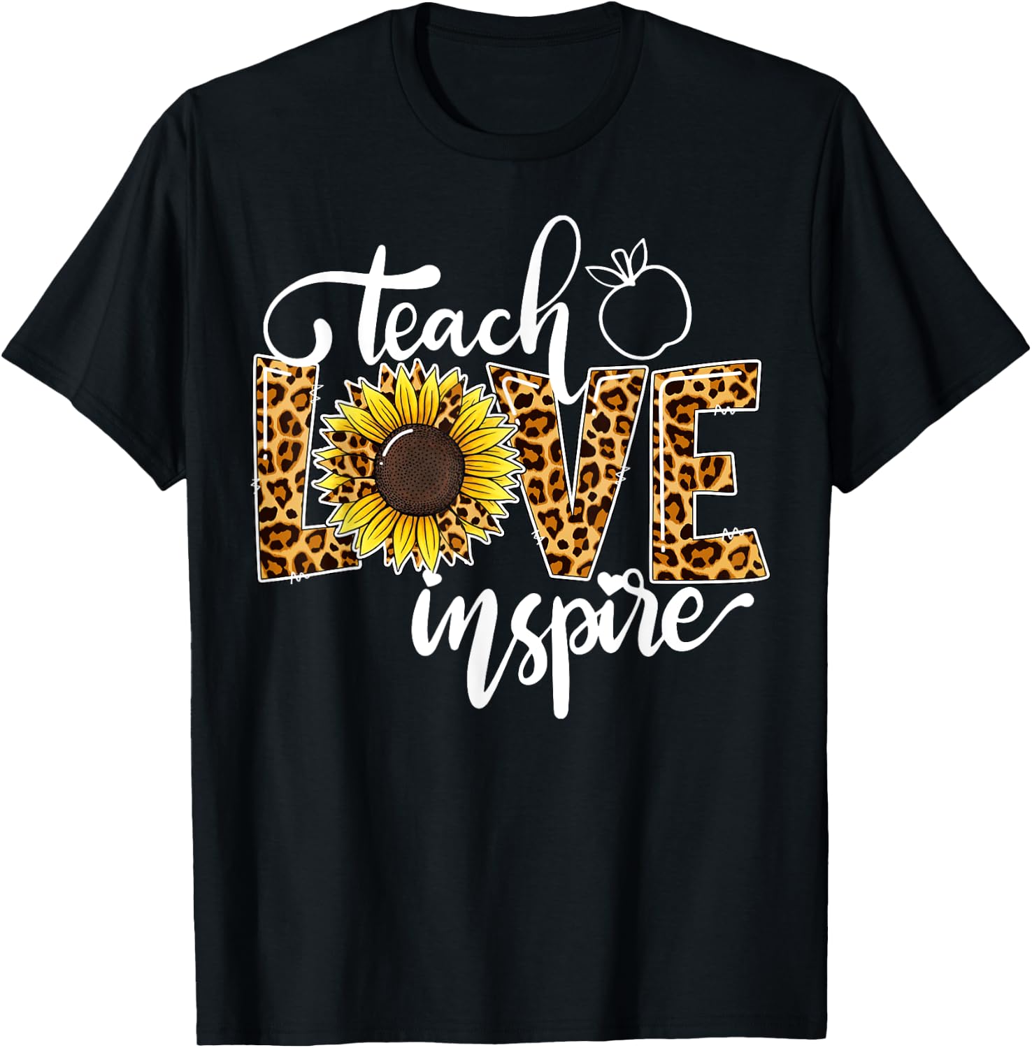 Teach Love Inspire Cute Sunflower Leopard Cheetah Print T-Shirt - T-Shirt | Black