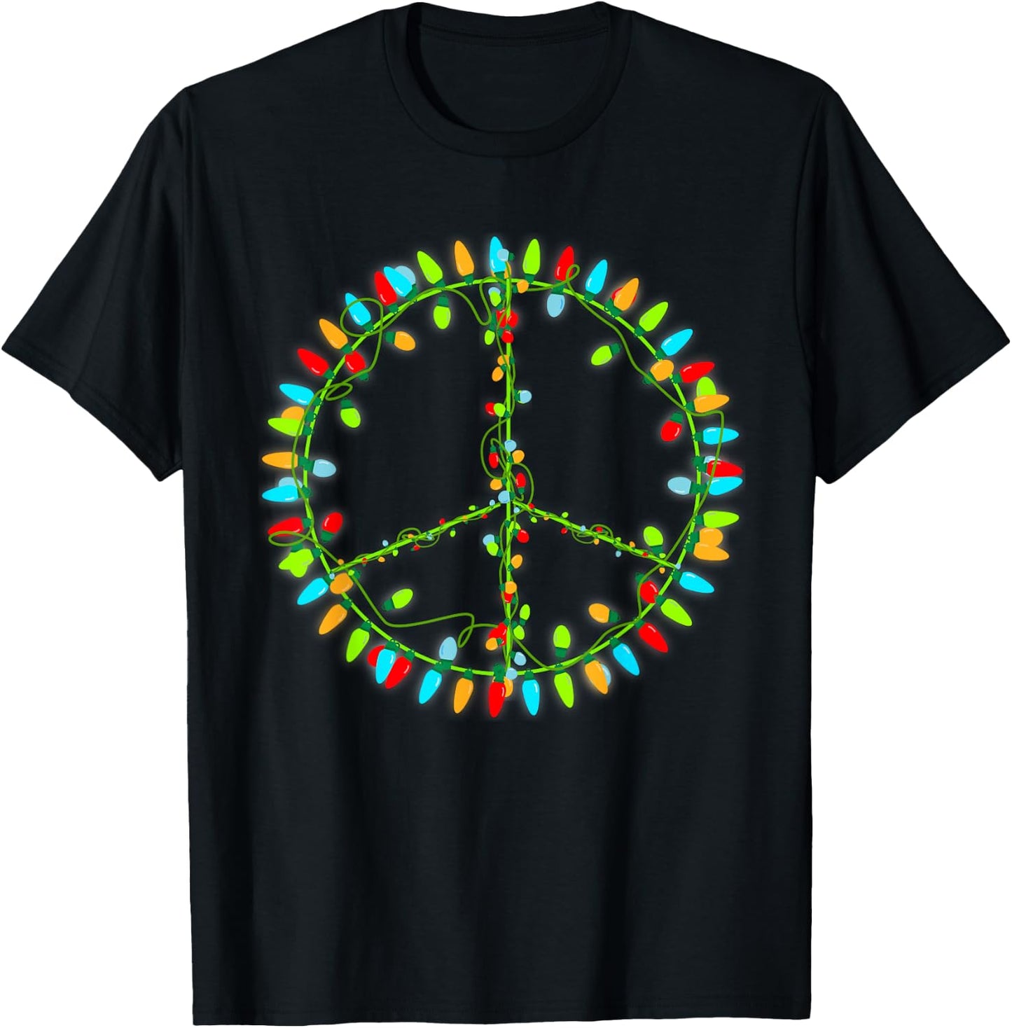 Christmas Lights Peace Sign Retro Hippie Happy Holidays T-Shirt - T-Shirt | Black