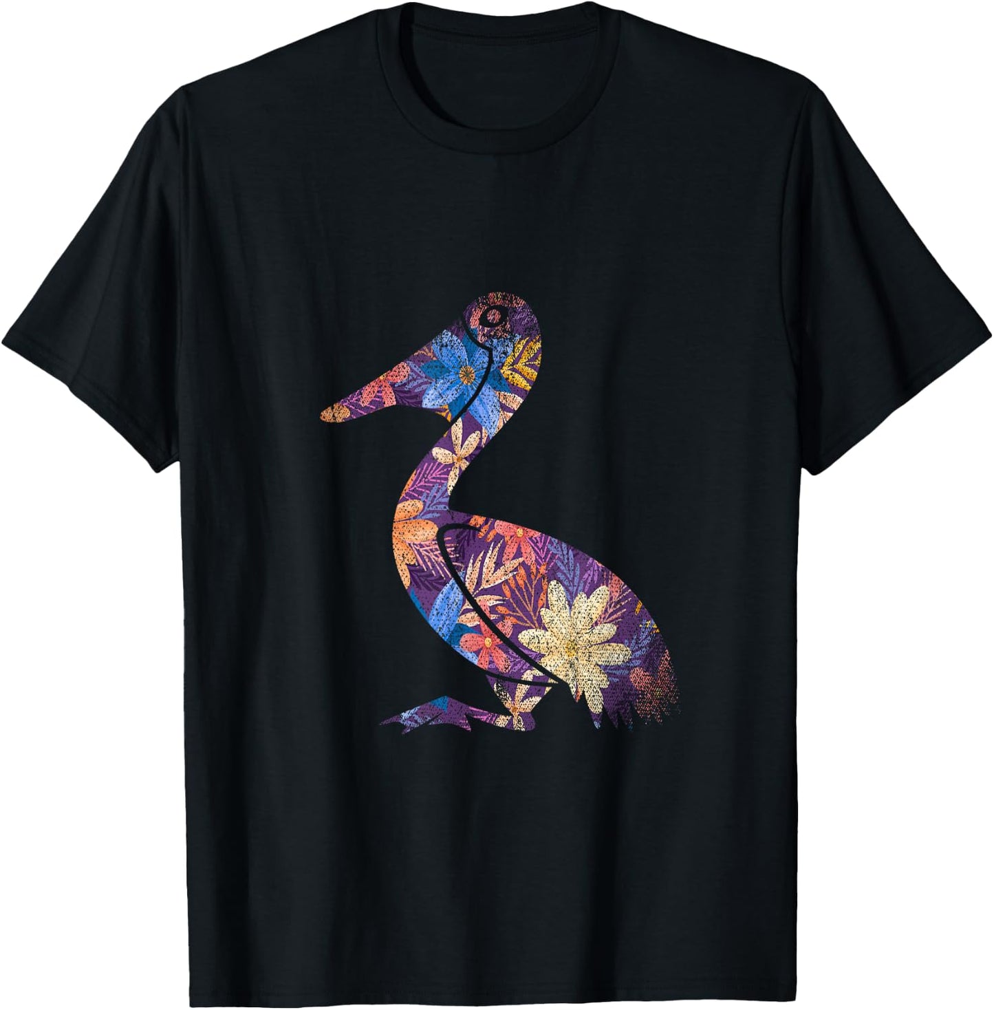 Water Bird Design Pelican Beak Floral Pelican - -Adults - Black - Small - Short Sleeve - Classic Fit - Cotton 65%, Polyester 35% T-Shirt - T-Shirt | Black
