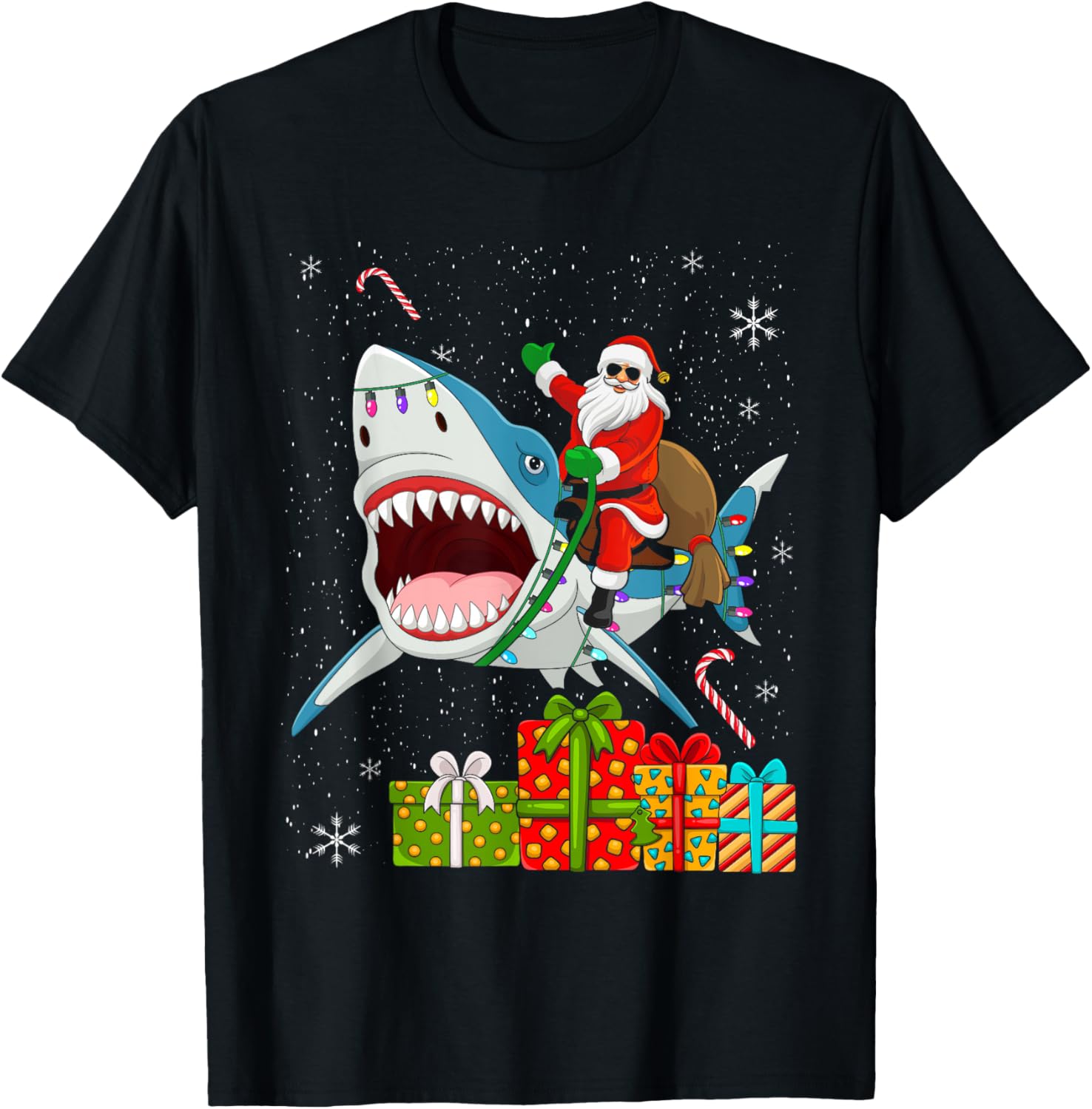 Santa Riding Shark Christmas Pajama Cute Ocean Animal X-Mas T-Shirt - T-Shirt | Black