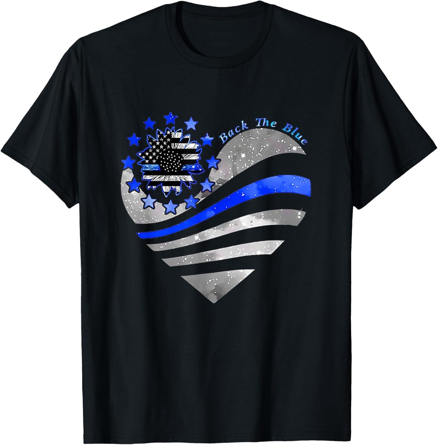 Sunflower Thin Blue Line Police Heart Back The Blue Law Enfo T-Shirt - T-Shirt | Black