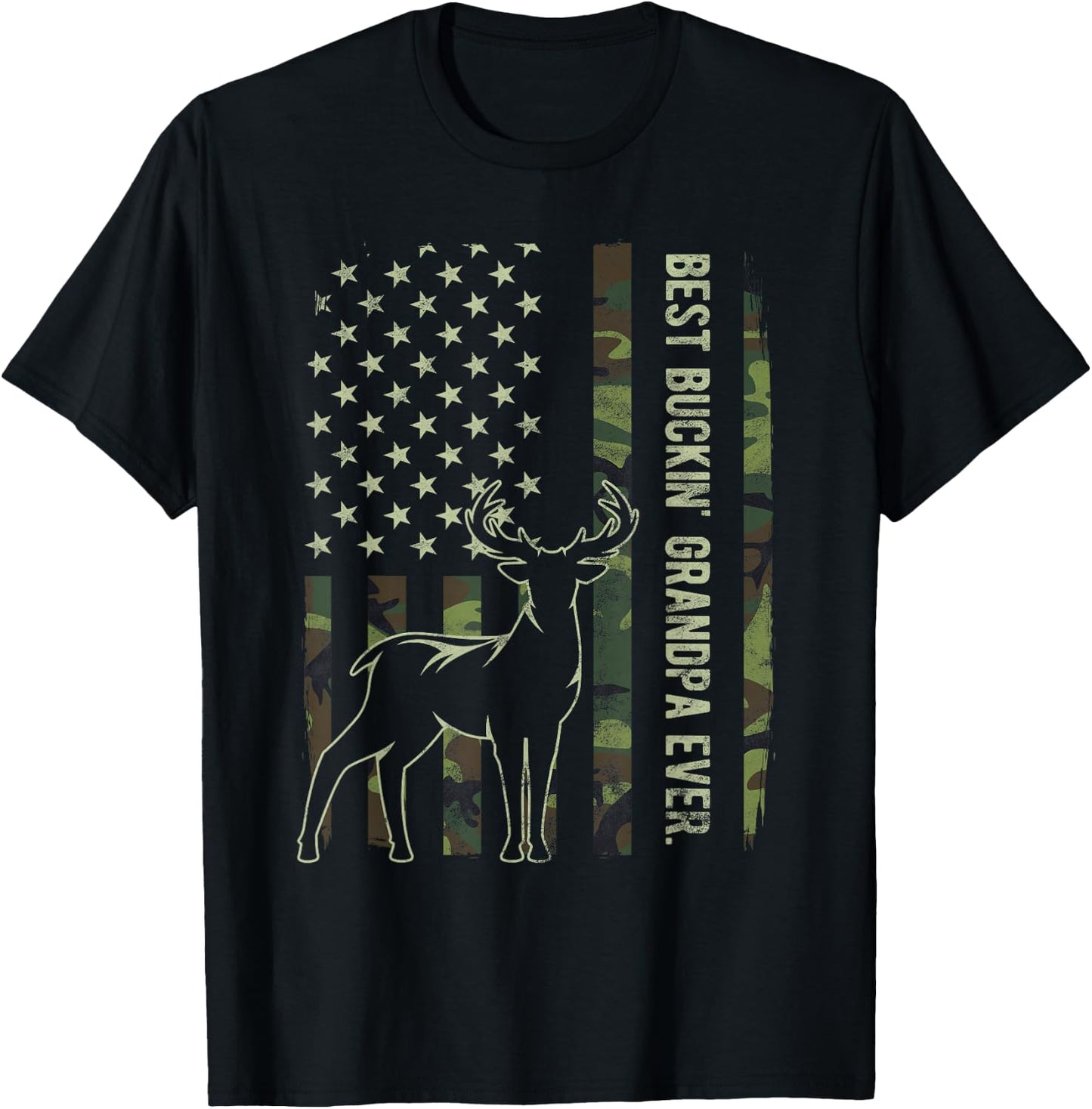 Best Buckin' Grandpa Ever Camo American Flag Deer Hunting T-Shirt - T-Shirt | Black
